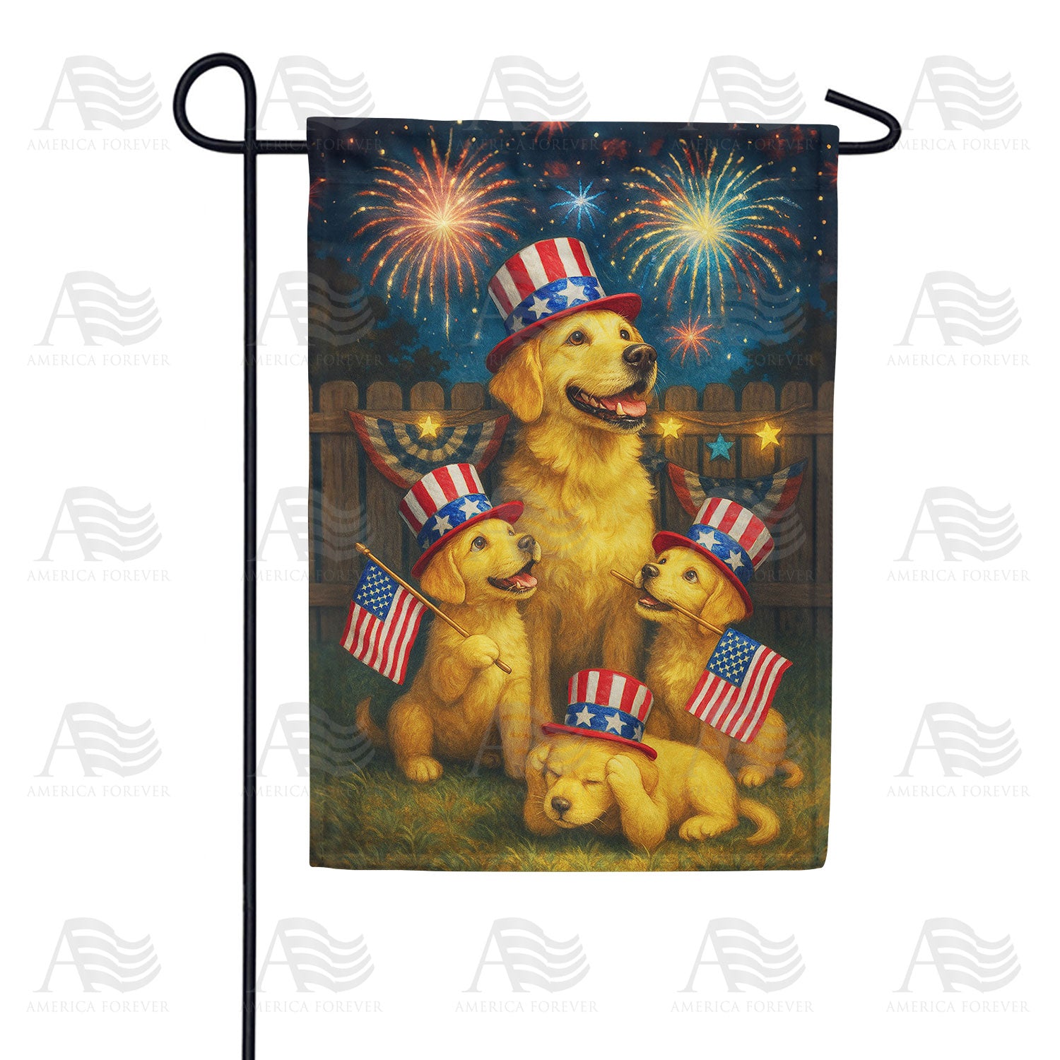 Patriotic Golden Retriever Family Fireworks Double Sided Garden Flag