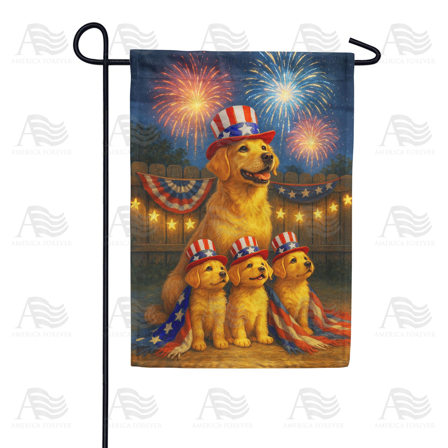 Patriotic Golden Retriever Puppies Fireworks Double Sided Garden Flag