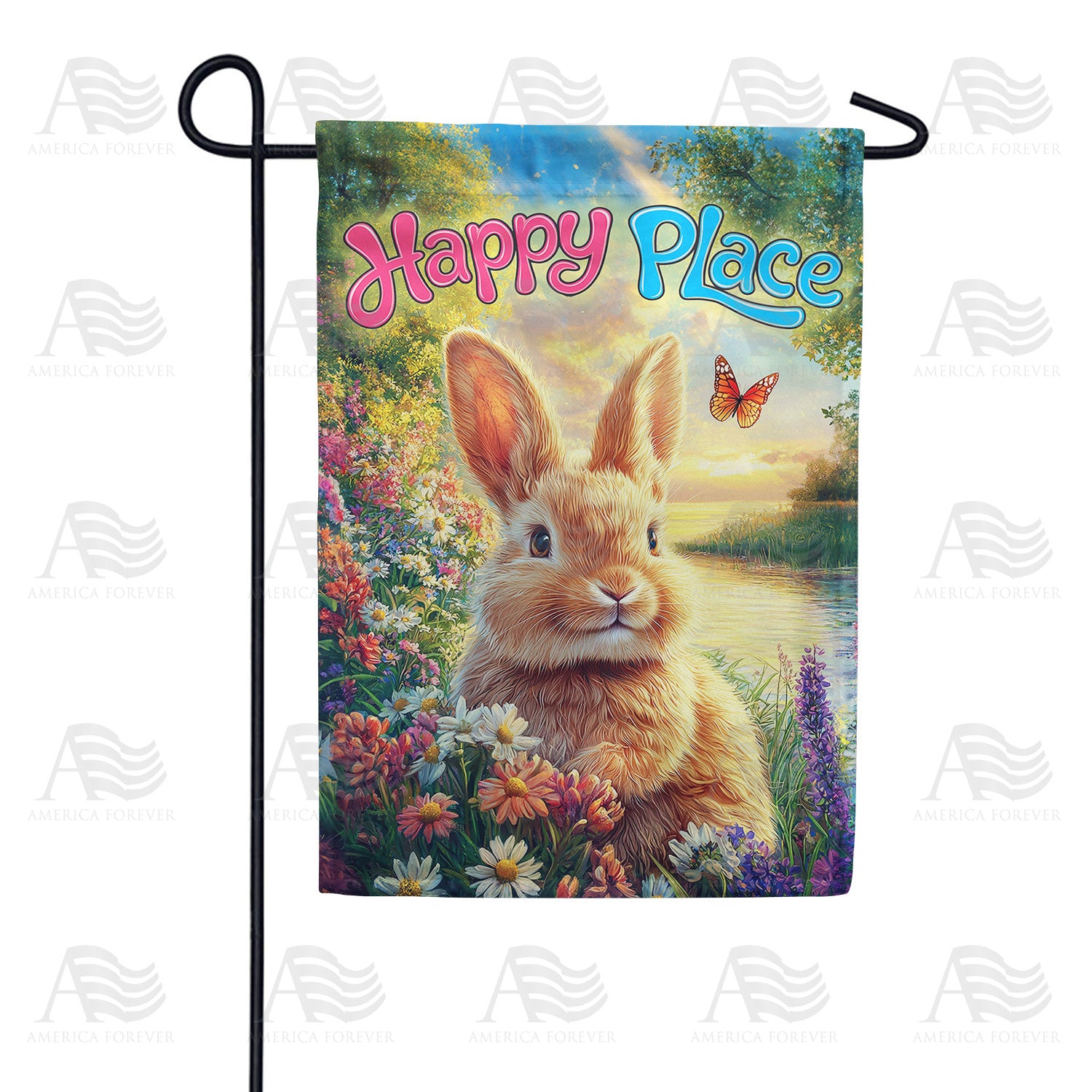 Happy Place Bunny Rainbow Garden Double Sided Garden Flag