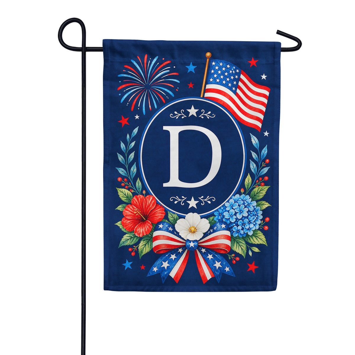 Floral Fireworks Patriotic Monogram Garden Flag