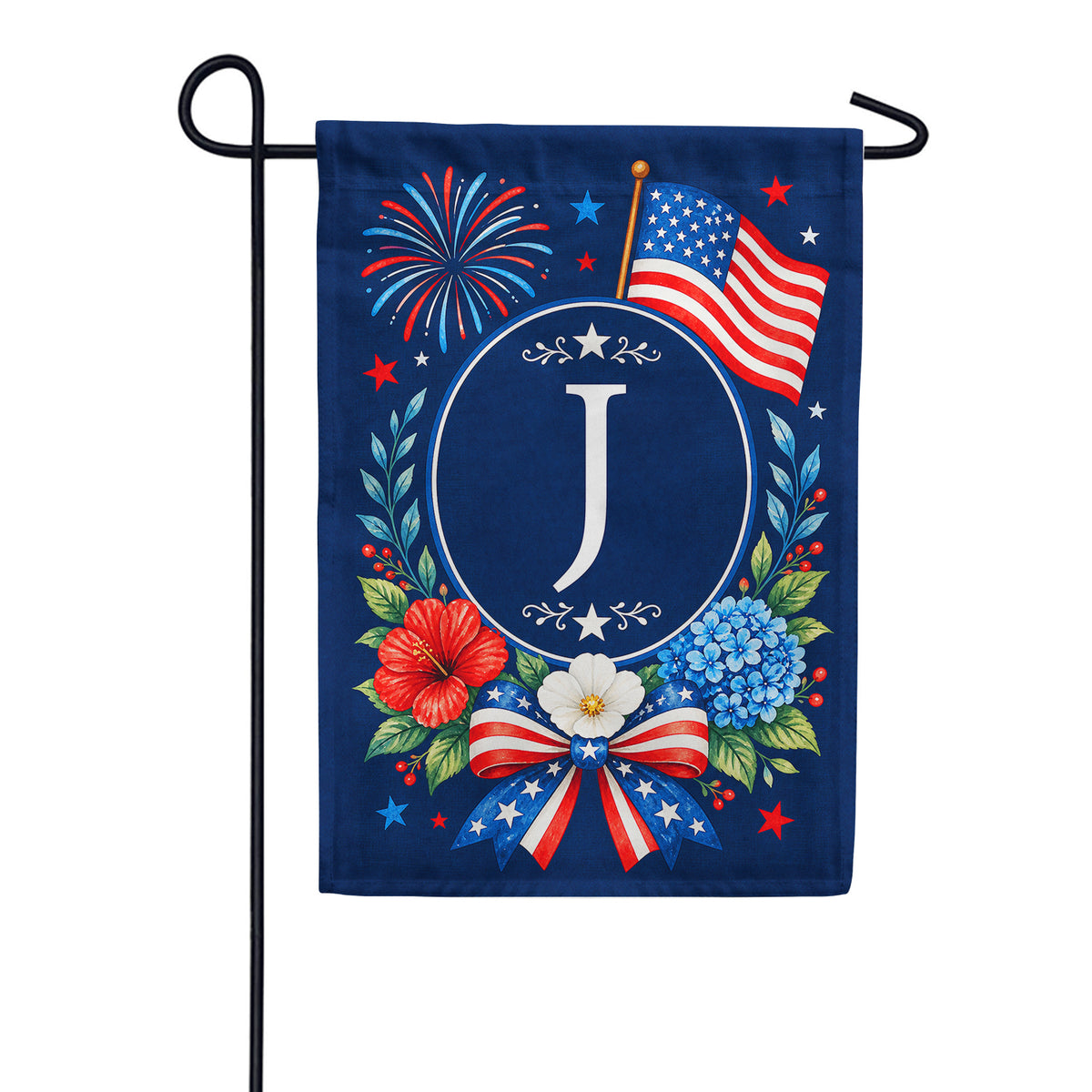 Floral Fireworks Patriotic Monogram Garden Flag