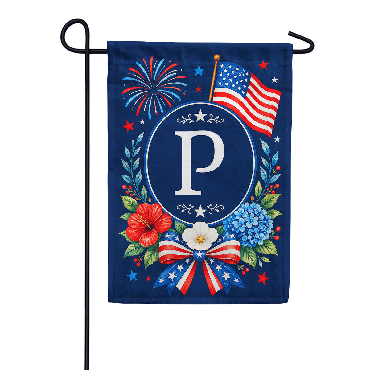 Floral Fireworks Patriotic Monogram Garden Flag
