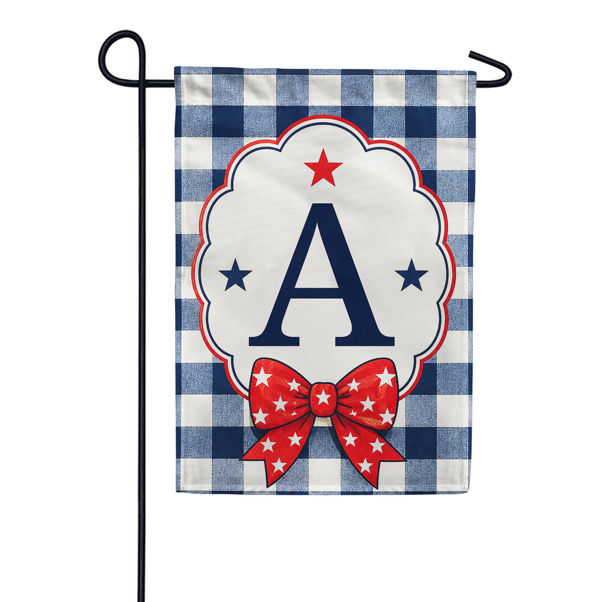 Patriotic Blue Gingham Monogram Double Sided Garden Flag
