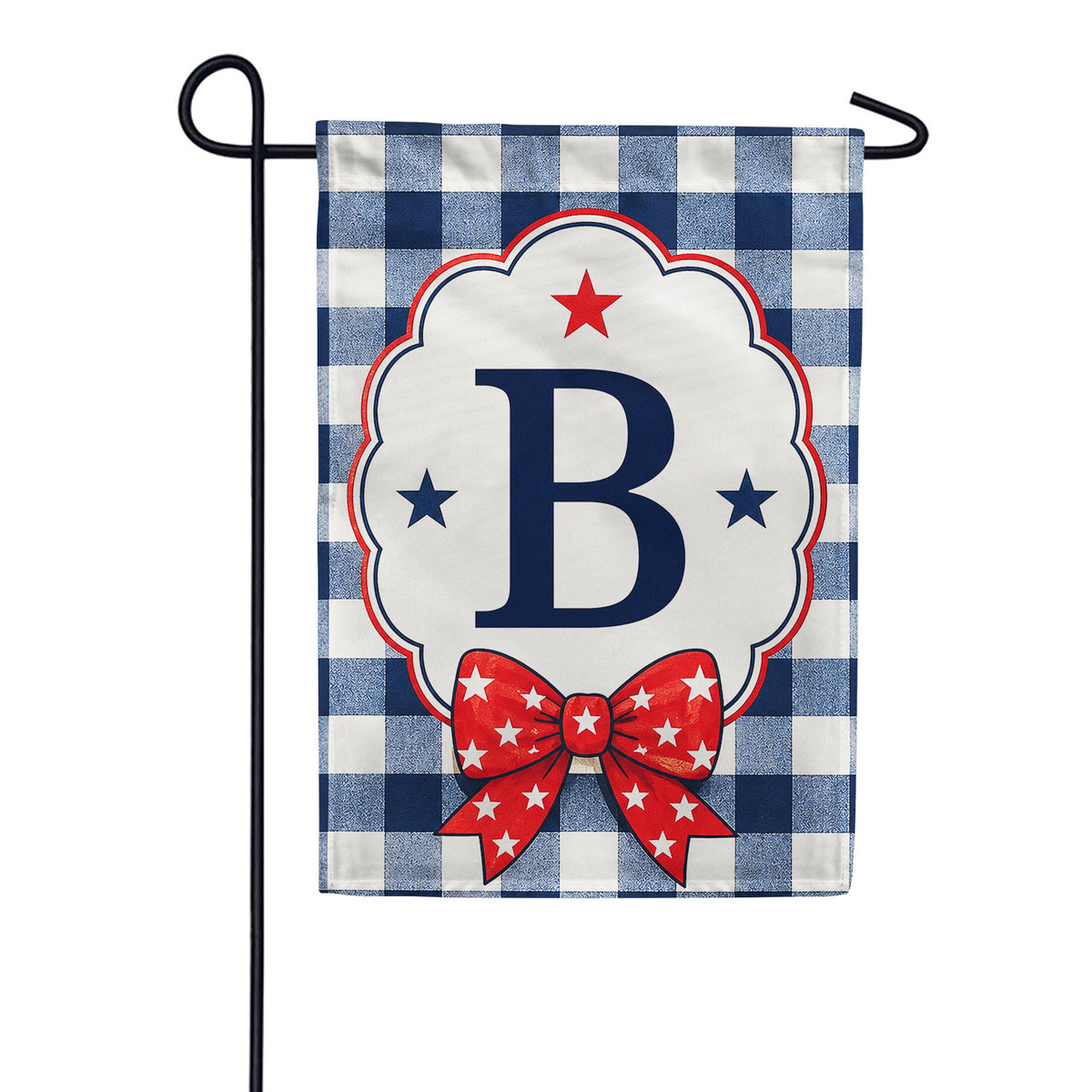 Patriotic Blue Gingham Monogram Double Sided Garden Flag