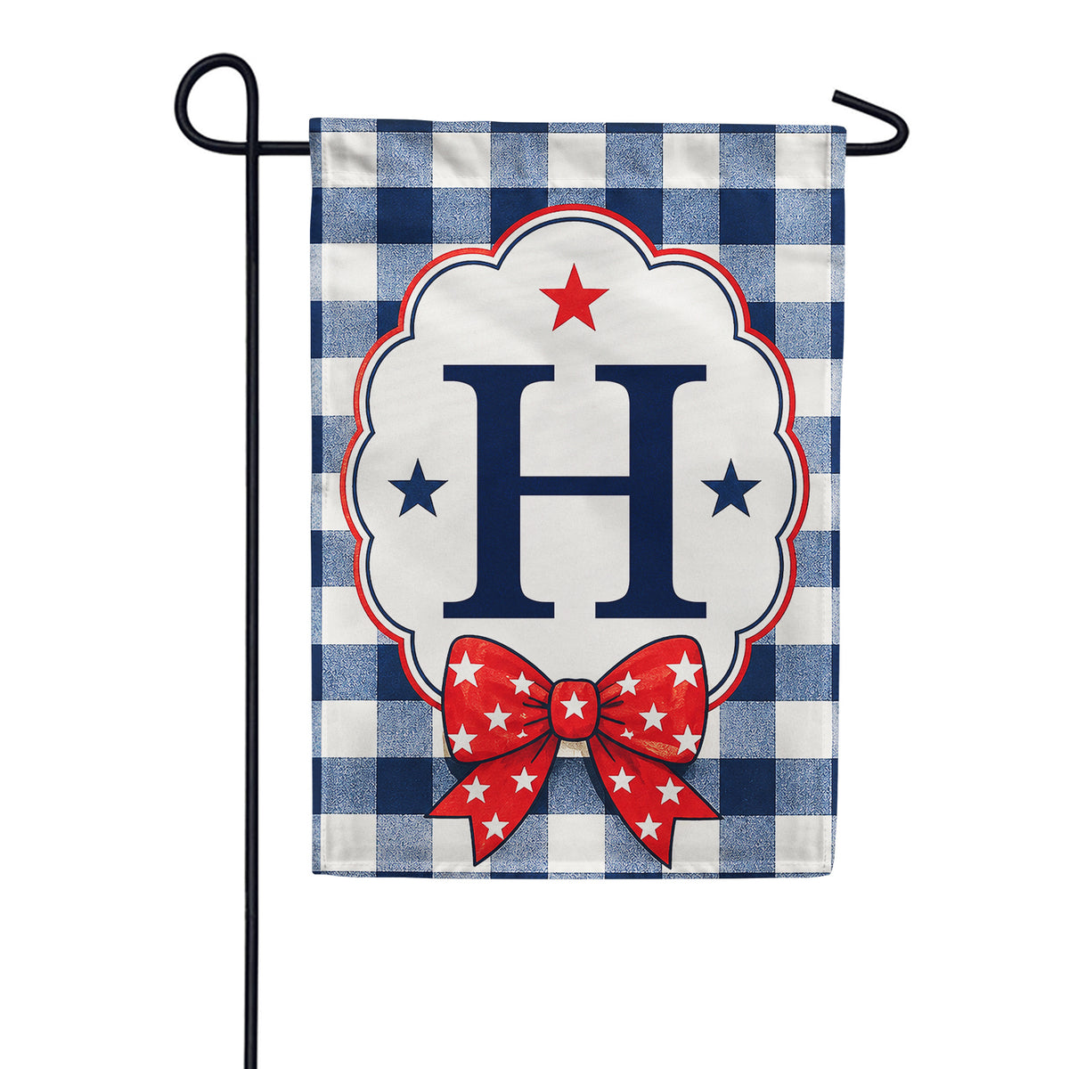 Patriotic Blue Gingham Monogram Double Sided Garden Flag