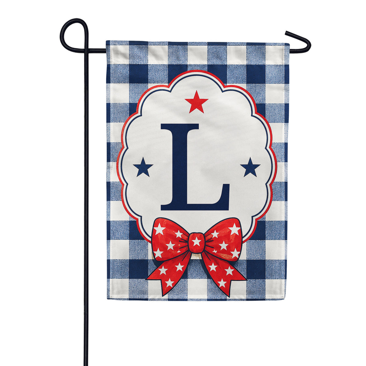 Patriotic Blue Gingham Monogram Double Sided Garden Flag
