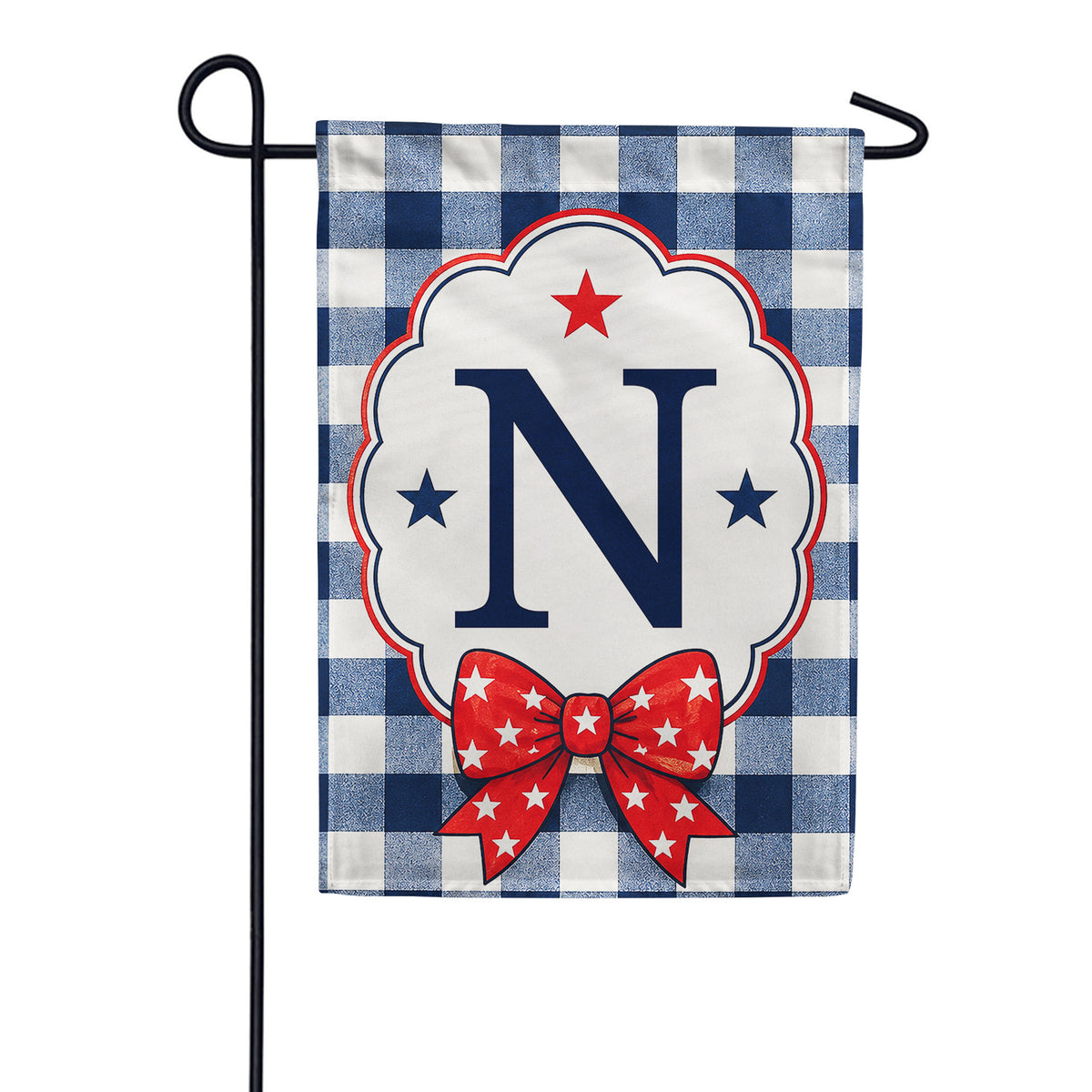 Patriotic Blue Gingham Monogram Double Sided Garden Flag
