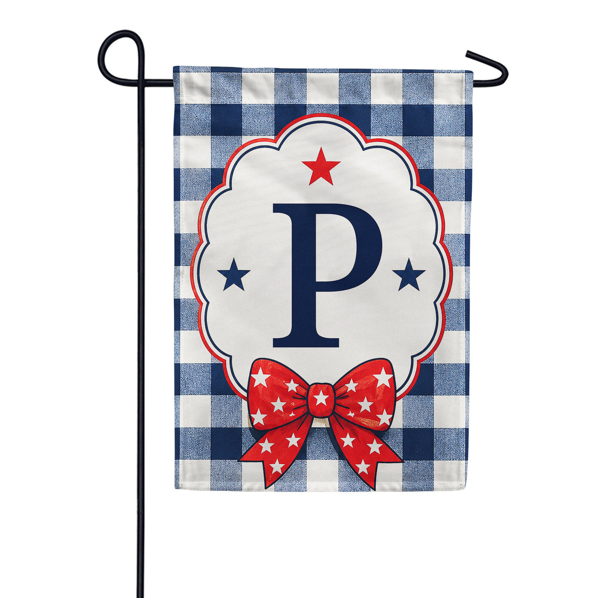 Patriotic Blue Gingham Monogram Double Sided Garden Flag
