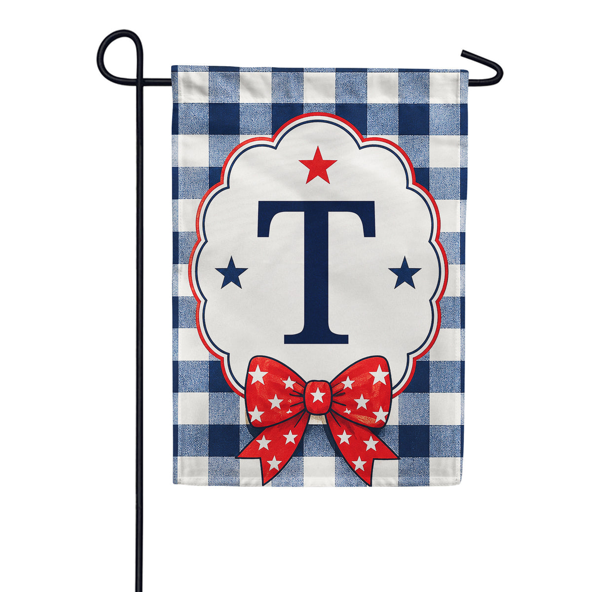 Patriotic Blue Gingham Monogram Double Sided Garden Flag