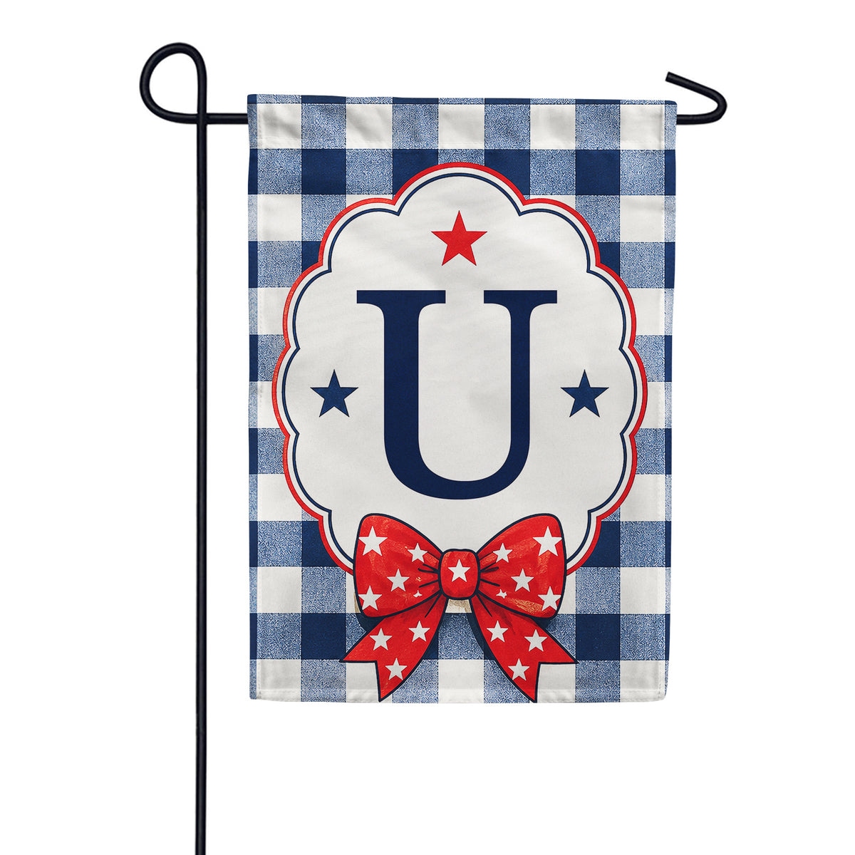 Patriotic Blue Gingham Monogram Double Sided Garden Flag