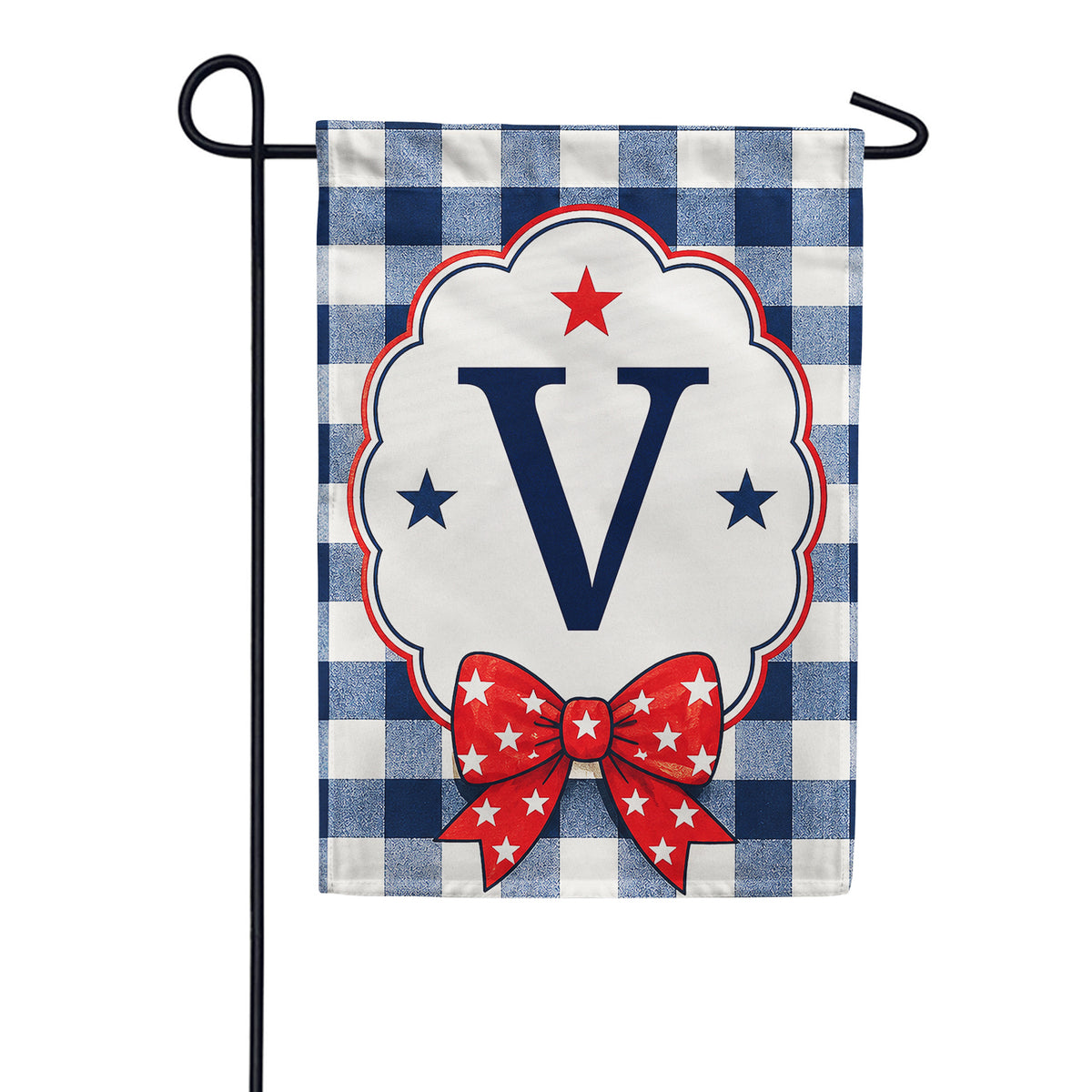 Patriotic Blue Gingham Monogram Double Sided Garden Flag