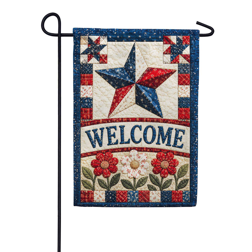 Patriotic Quilted Star Welcome Floral Design Garden Flag