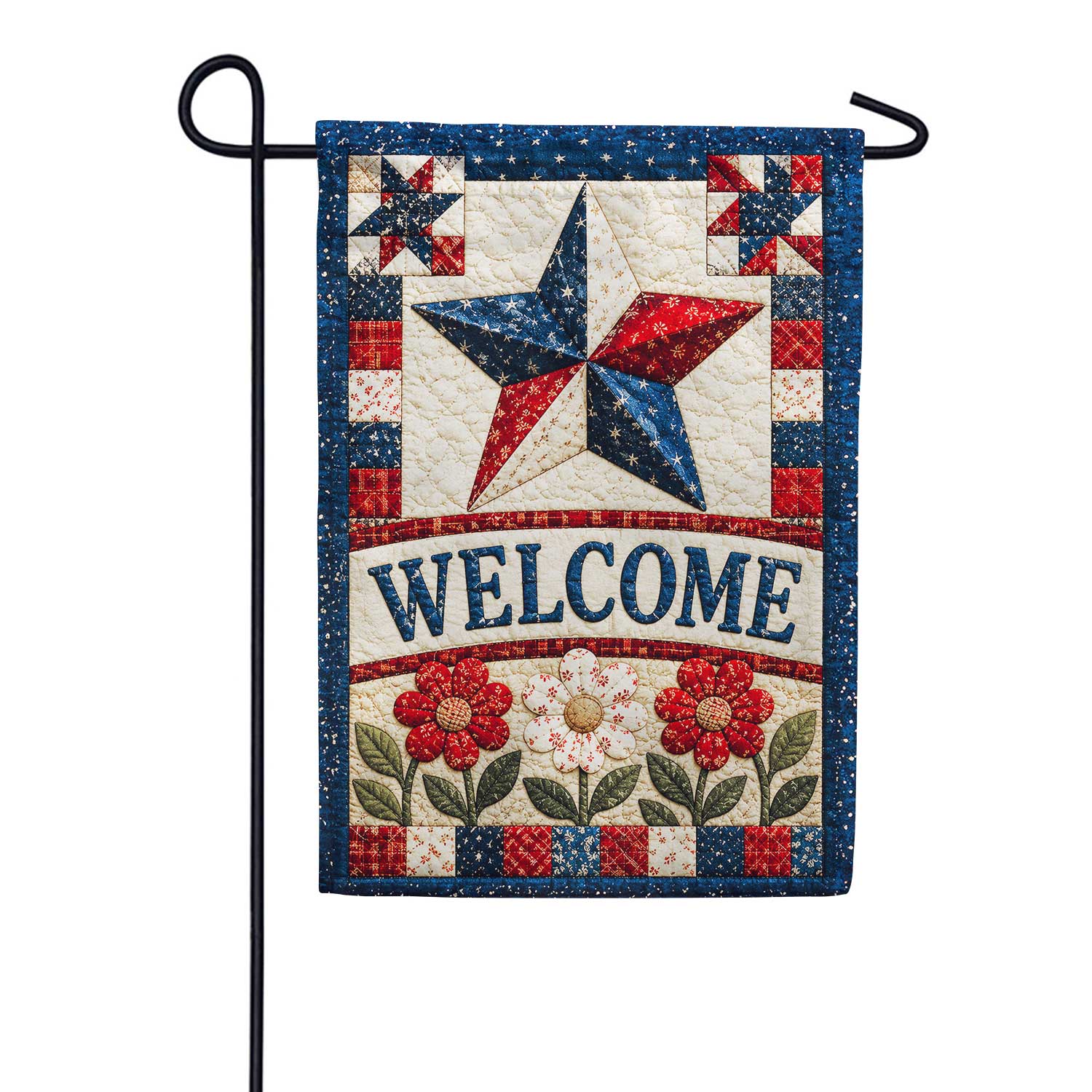Patriotic Quilted Star Welcome Floral Design Garden Flag