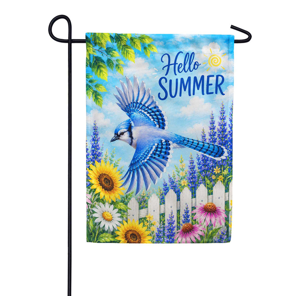 Hello Summer Blue Jay and Sunflowers Garden Flag