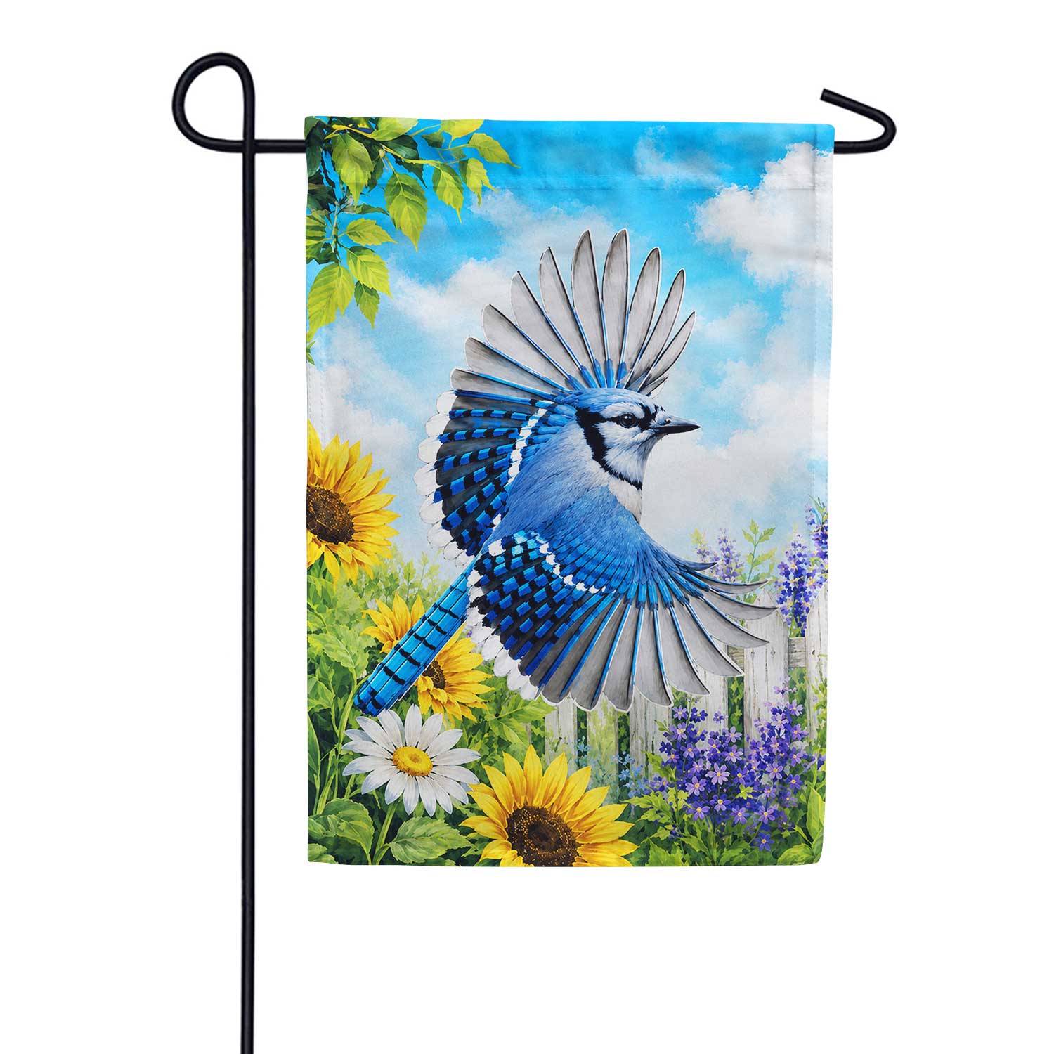 Blue Jay in Flight with Sunflowers Garden Flag