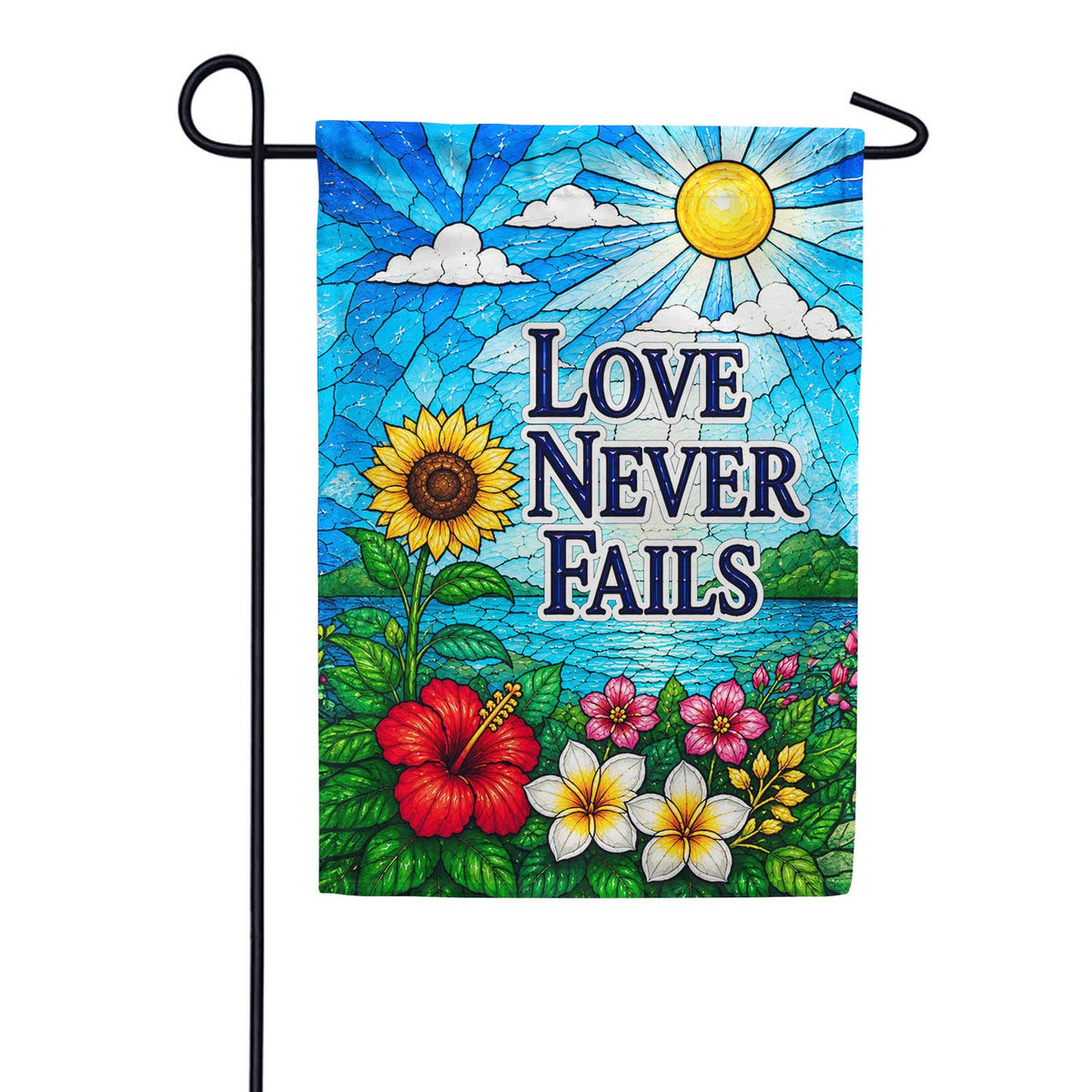 Love Never Fails Stained Glass Floral Garden Flag