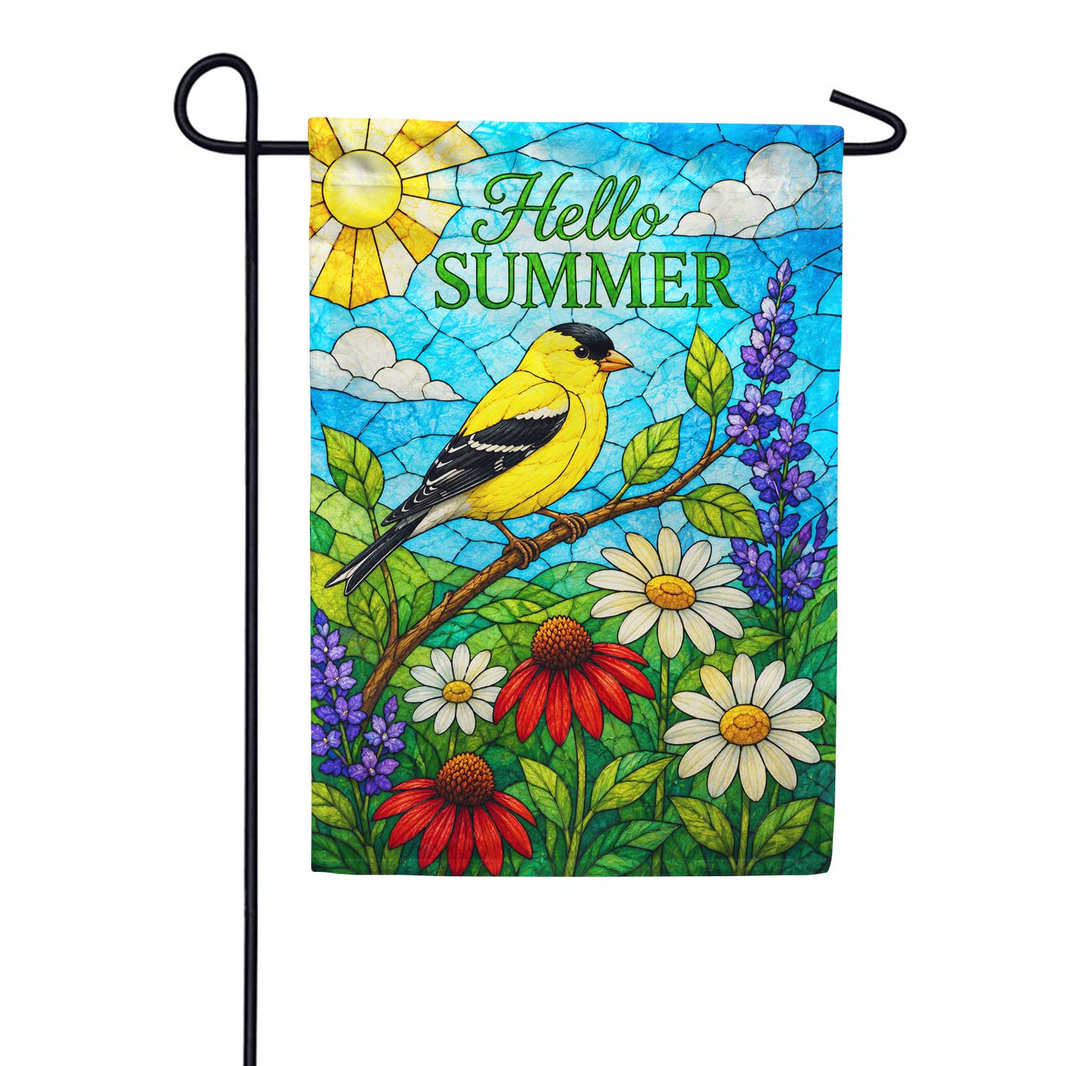 Hello Summer Goldfinch Stained Glass Floral Garden Flag