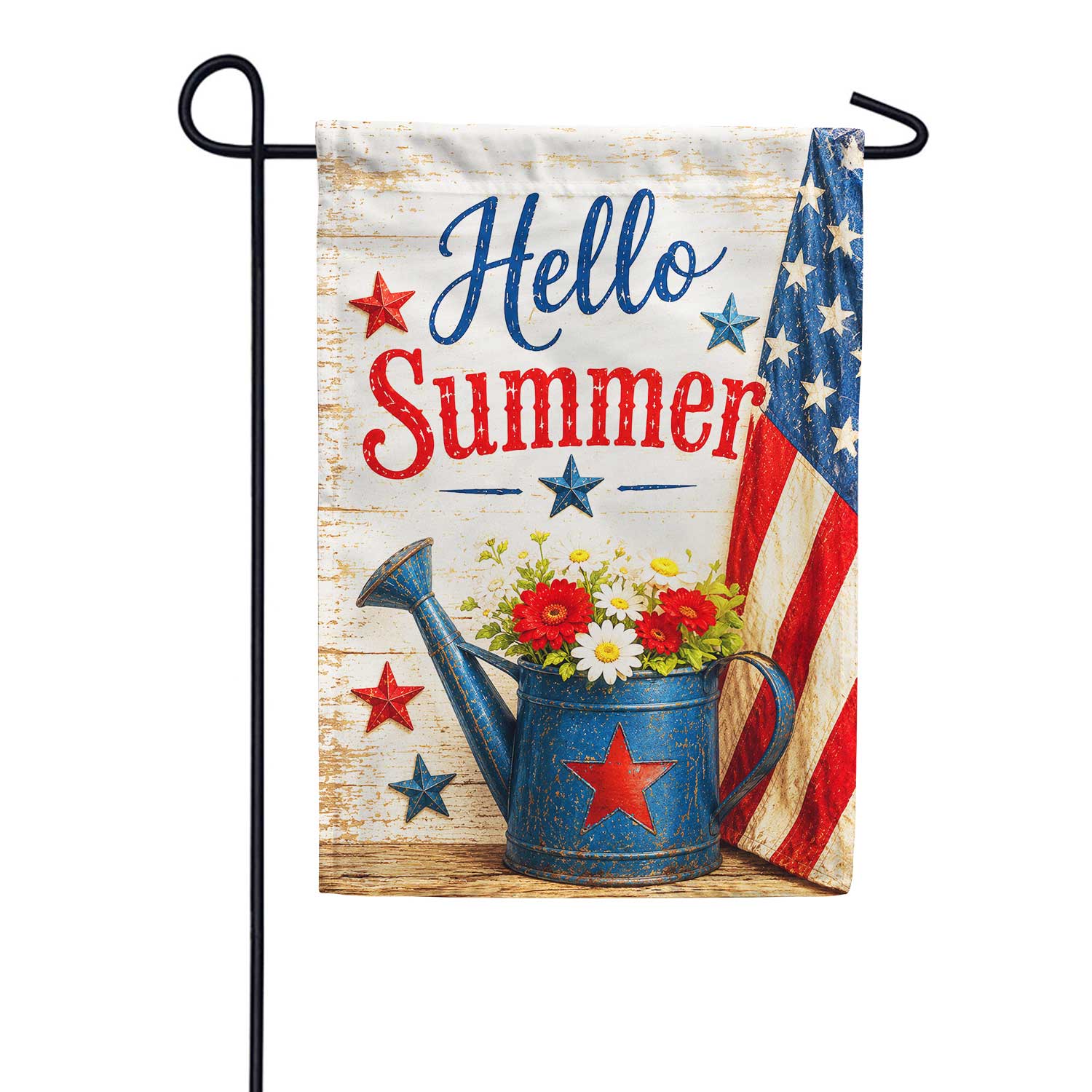 Hello Summer Patriotic Watering Can Floral Garden Flag
