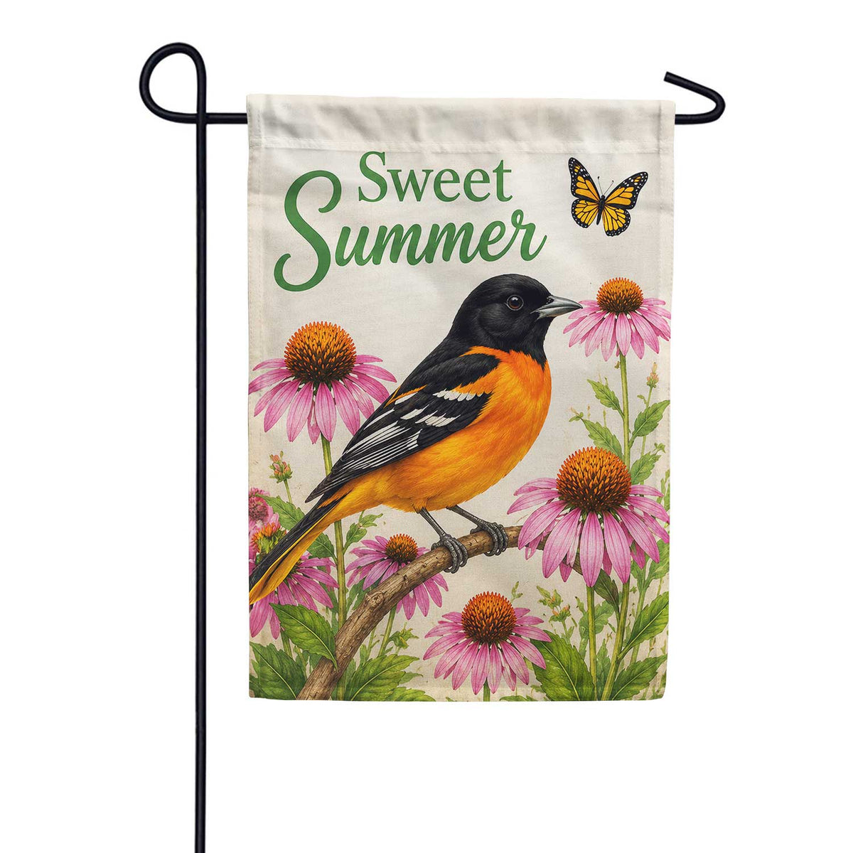 Sweet Summer Oriole Bird with Coneflowers Garden Flag