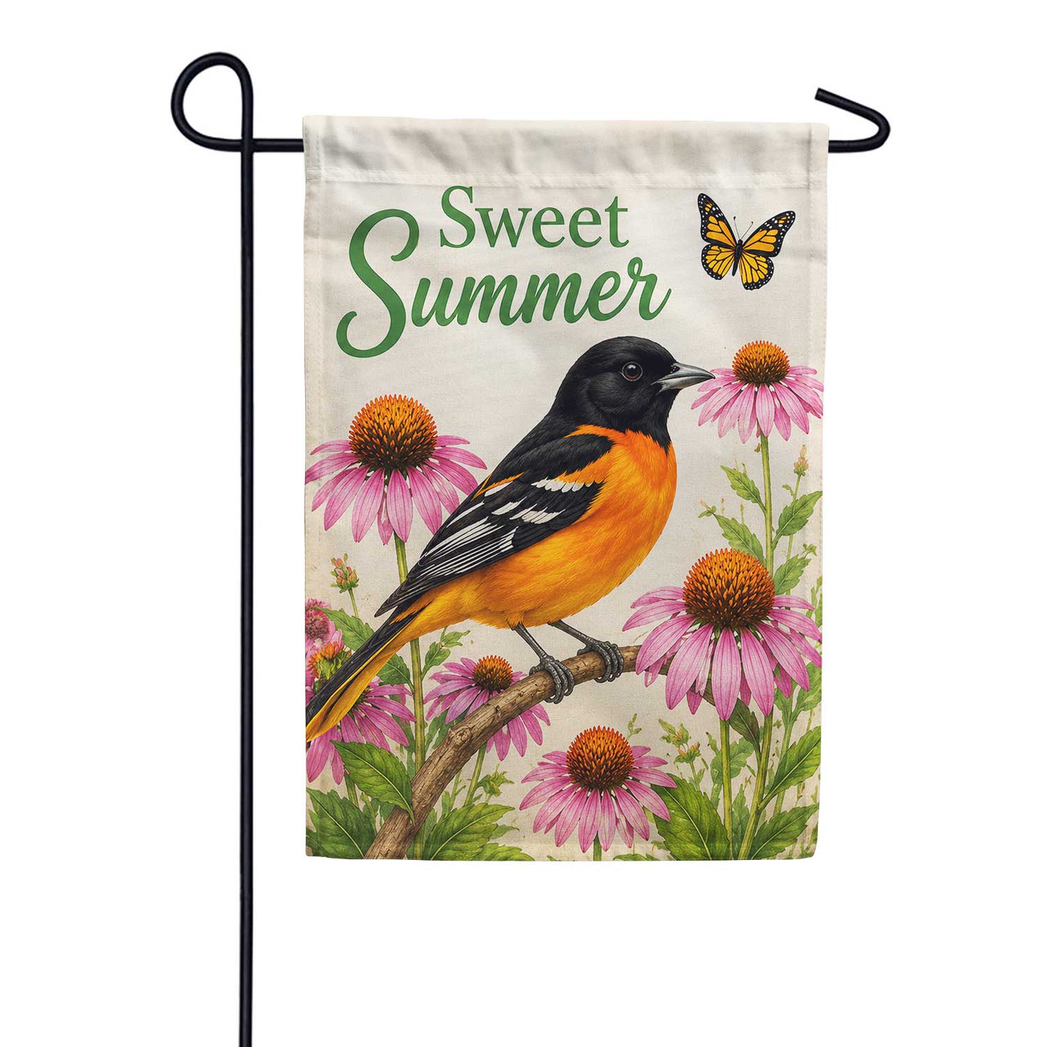 Sweet Summer Oriole Bird with Coneflowers Garden Flag