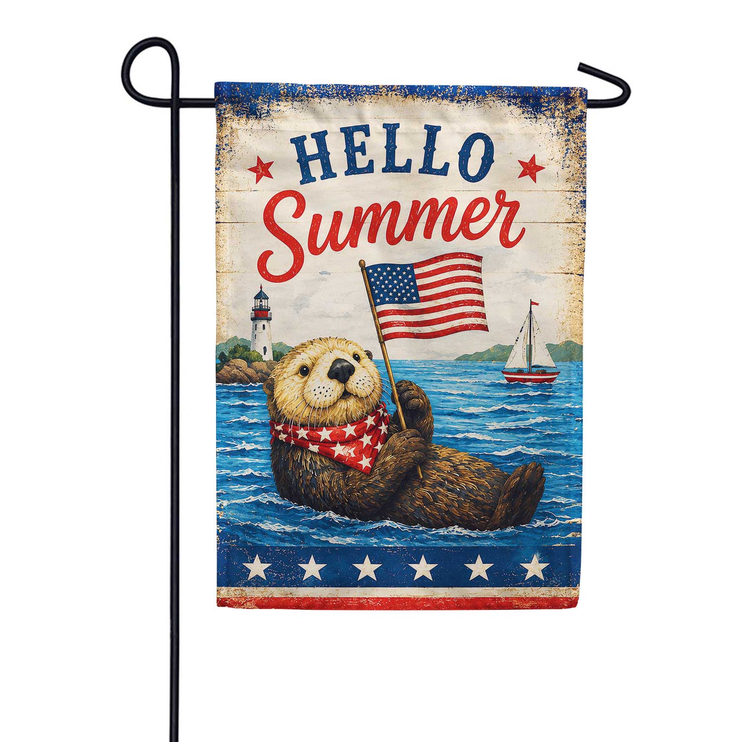 Hello Summer Patriotic Otter with American Flag Garden Flag