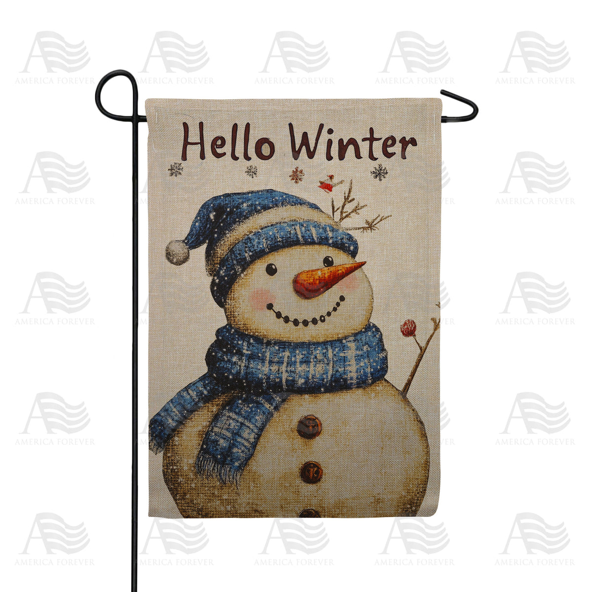 Hello Winter Snowman Double Sided Burlap Garden Flag