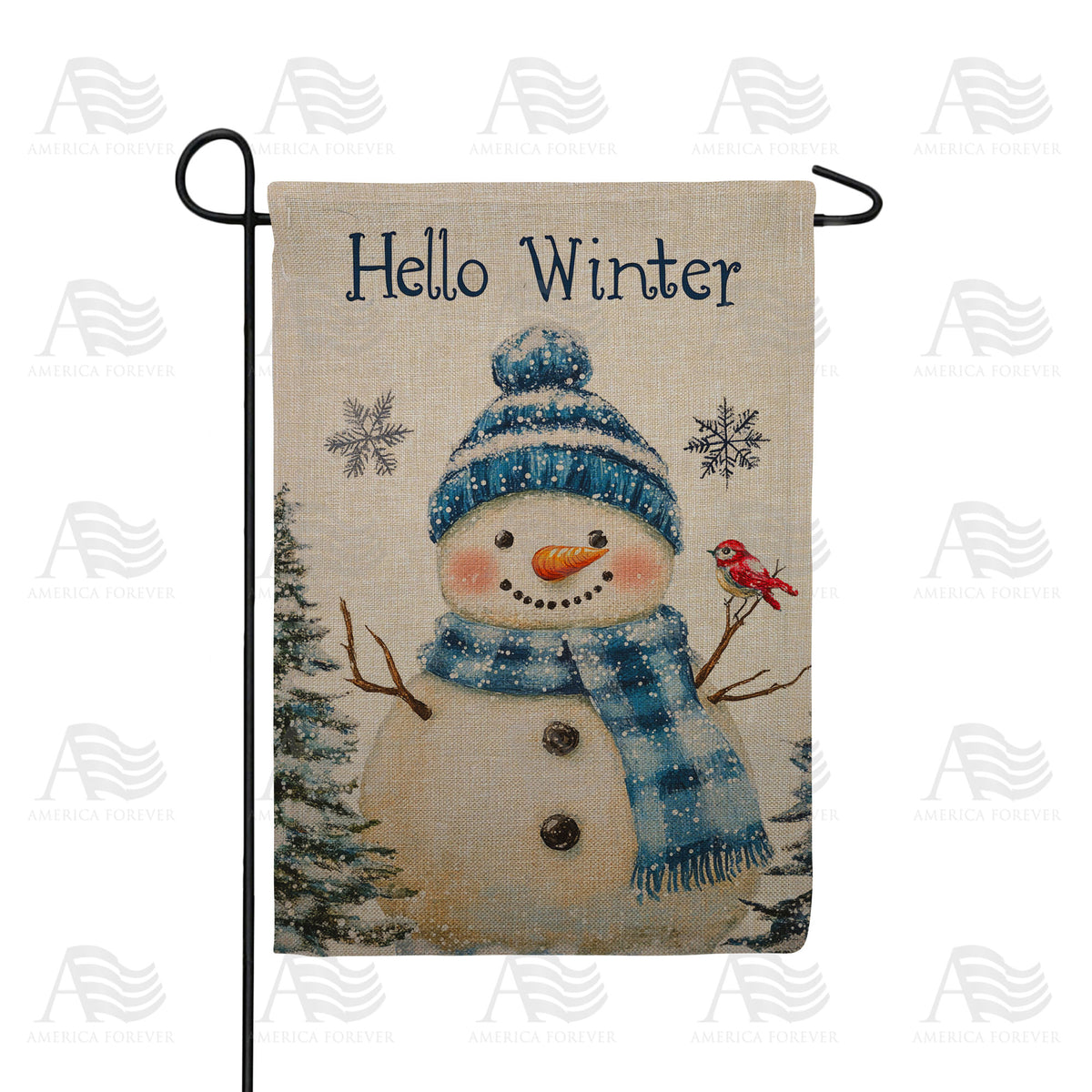 Hello Winter Snowman Scene Double Sided Burlap Garden Flag