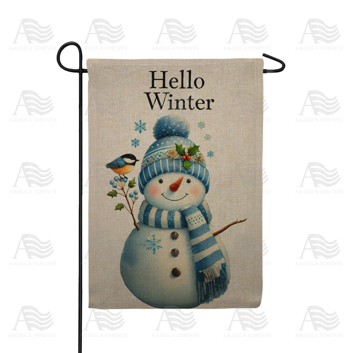 Hello Winter Snowman Chickadee Double Sided Burlap Garden Flag
