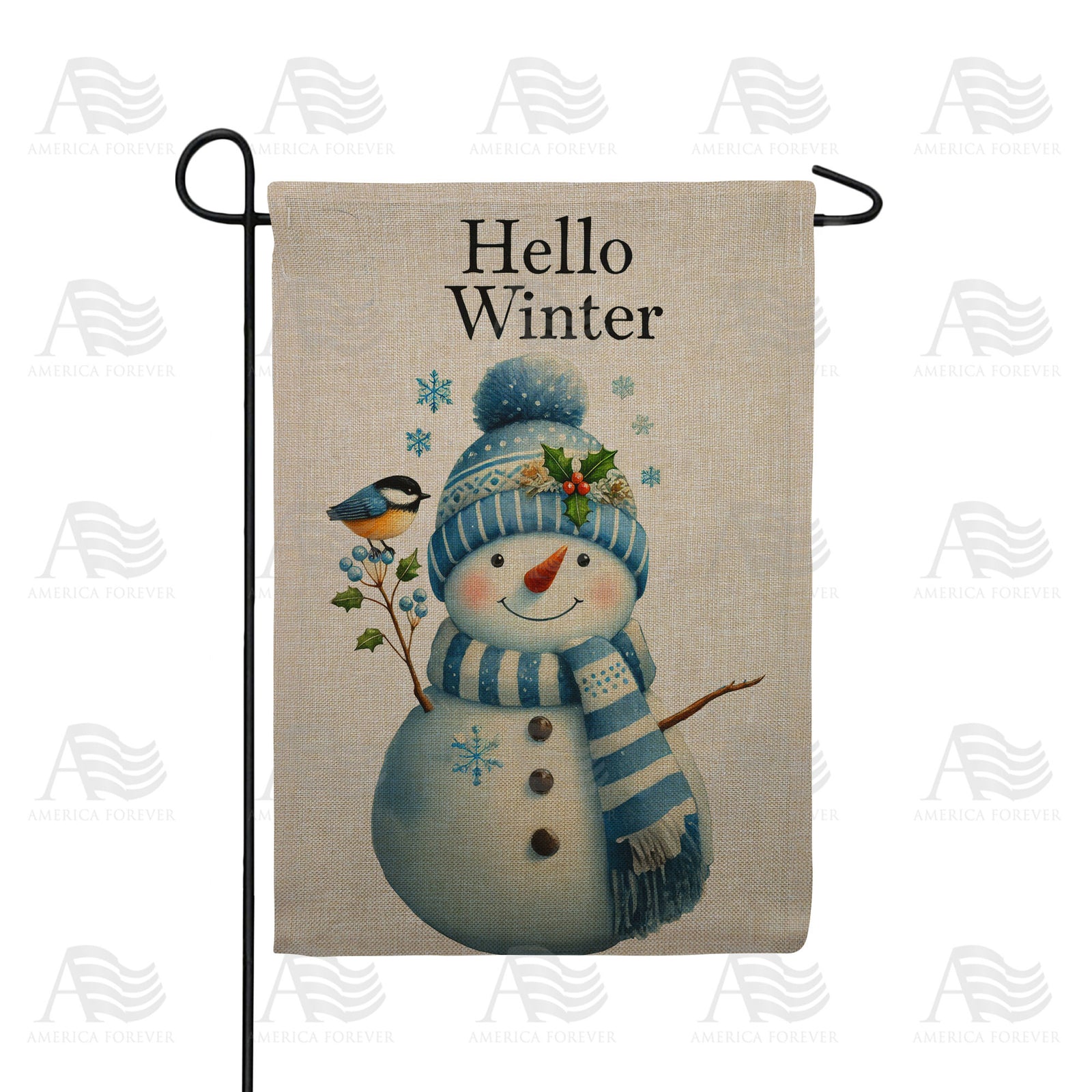 Hello Winter Snowman Chickadee Double Sided Burlap Garden Flag