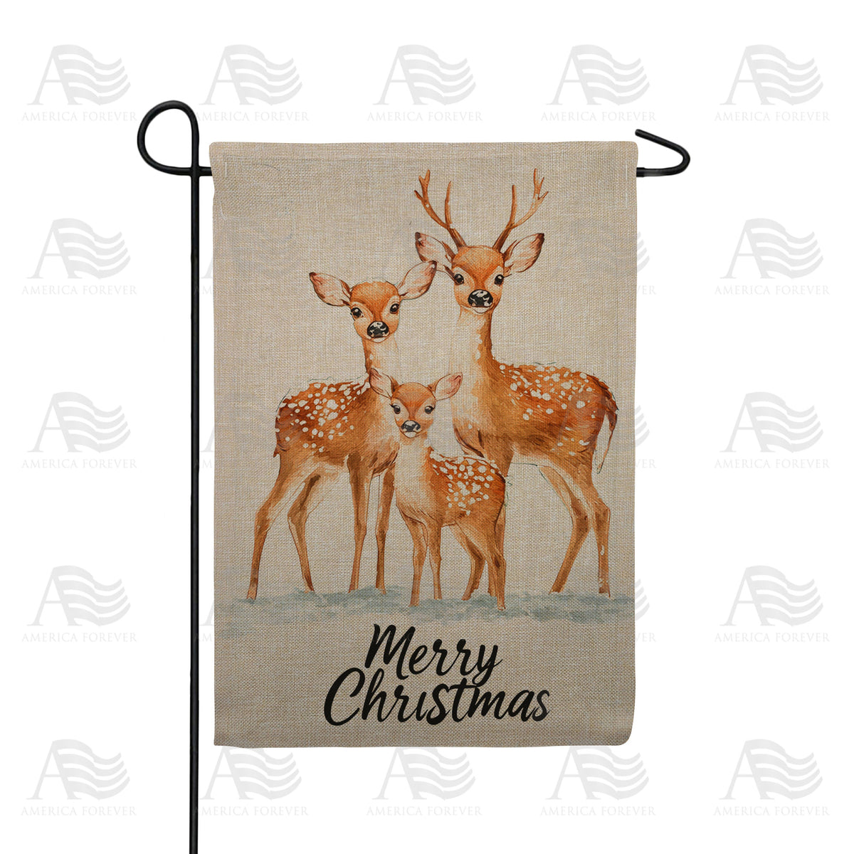 Merry Christmas Deer Family Double Sided Burlap Garden Flag