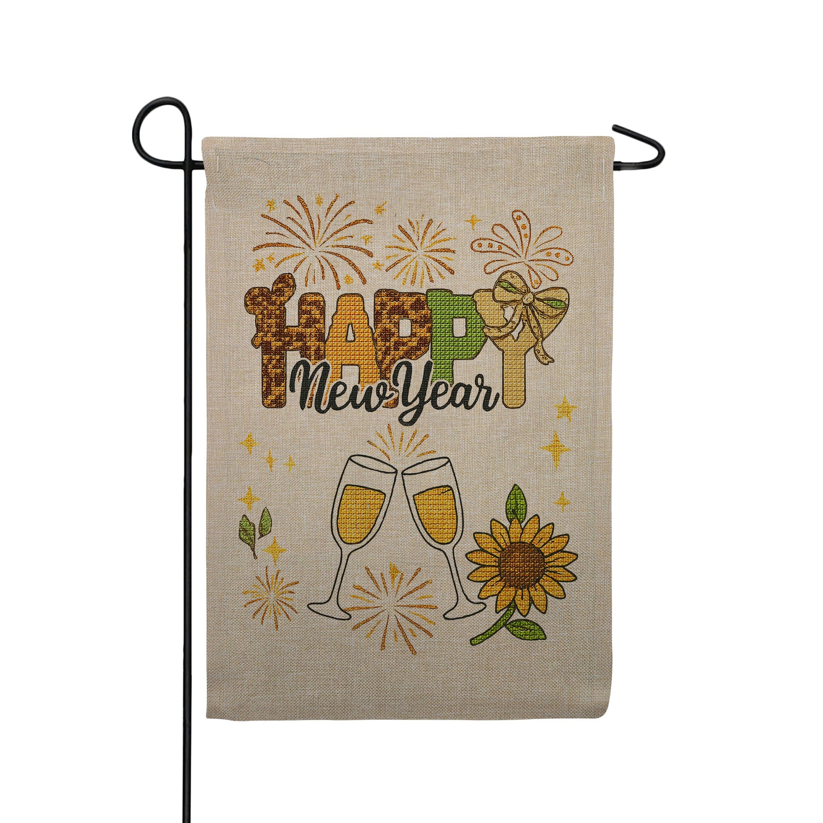 America Forever Happy New Year Sunflower Champagne Celebration Burlap Garden Flag