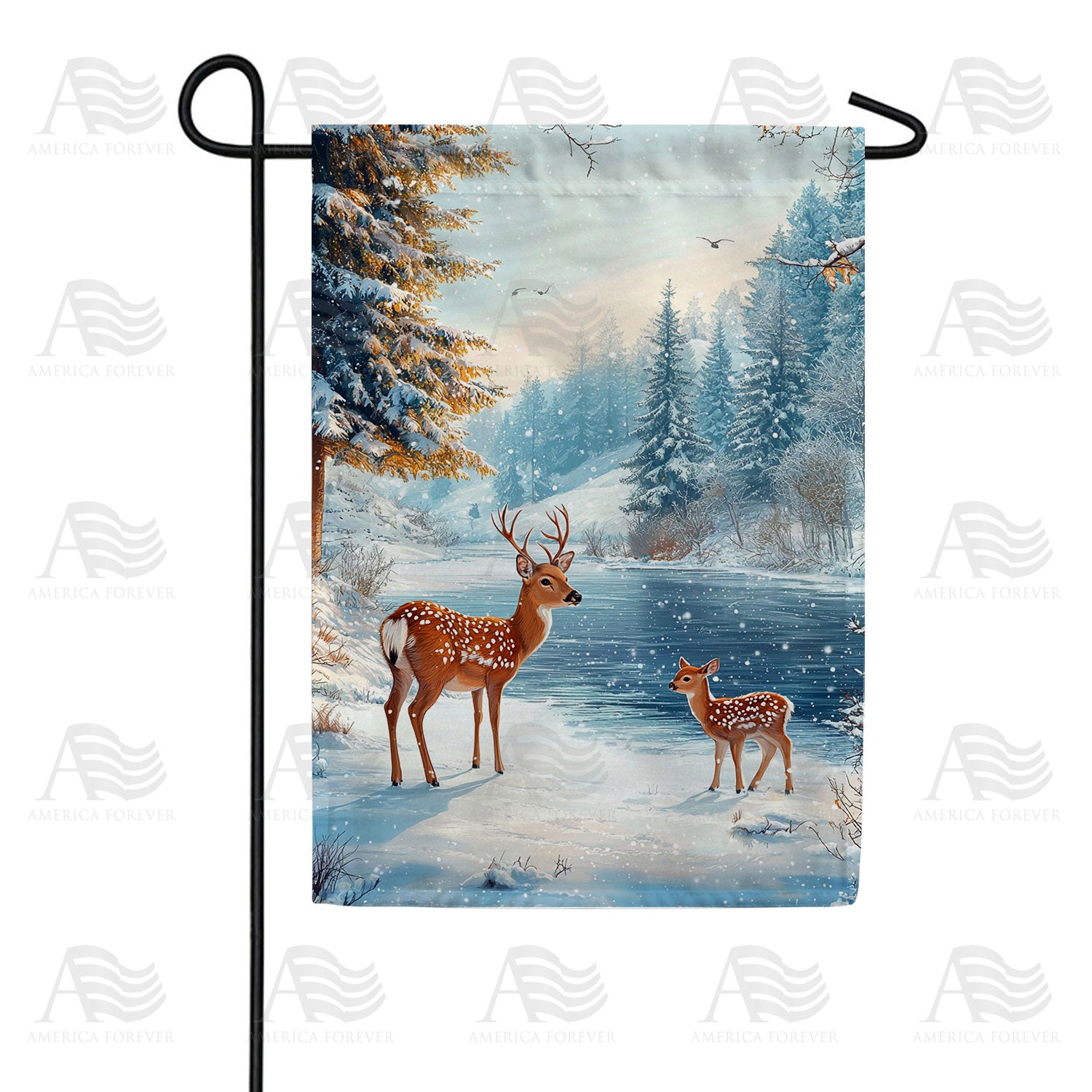 Reindeer Garden Flag, Winter Rustic Snow Forest Winter Brown Burlap
