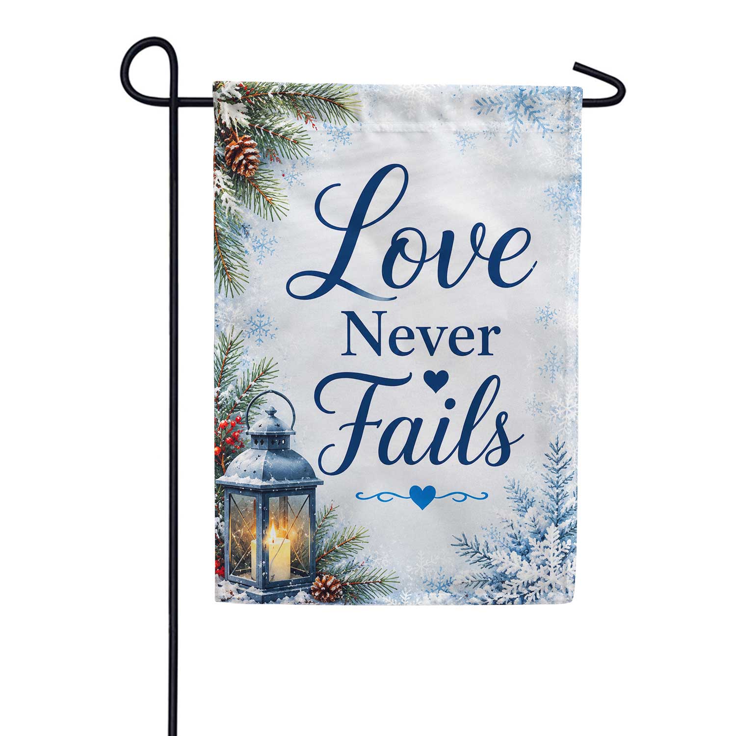 Love Never Fails Winter Lantern Snowflakes Garden Flag