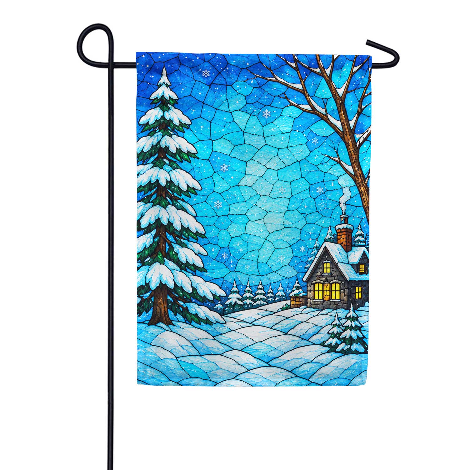 Stained Glass Winter Cabin Snow Garden Flag