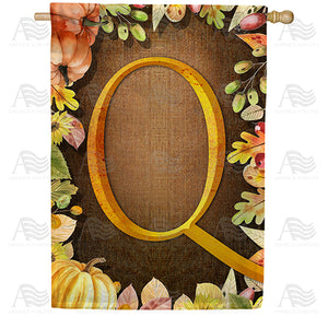 Pumpkins & Leaves Monogram Double Sided House Flag