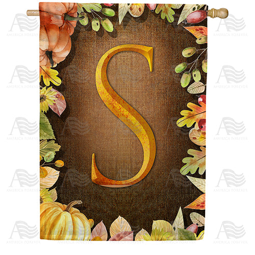 Pumpkins & Leaves Monogram Double Sided House Flag