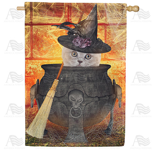 Cat In Cauldron Halloween Double Sided House Flag 28" x 40"