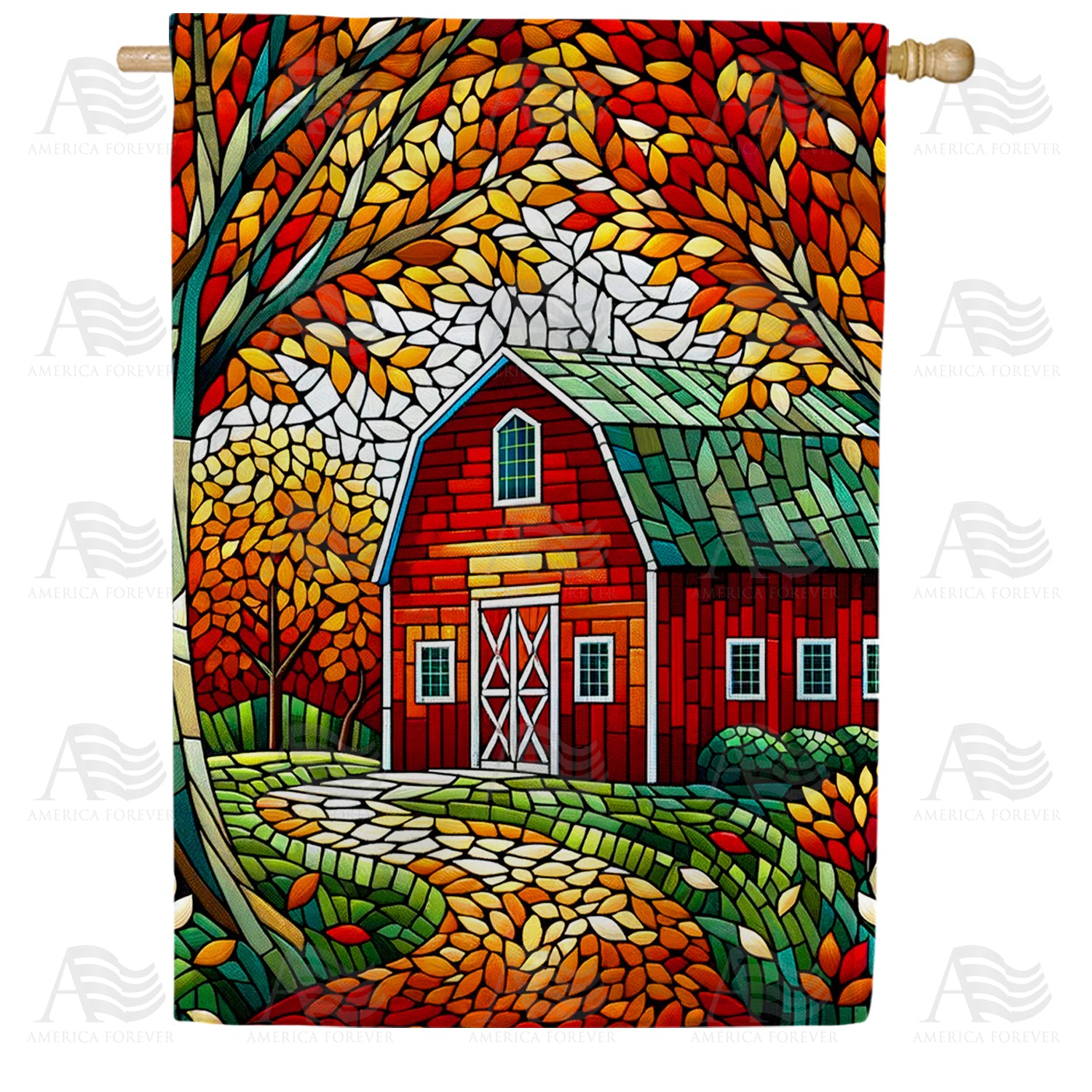 Autumn Barn Mosaic Double Sided House Flag