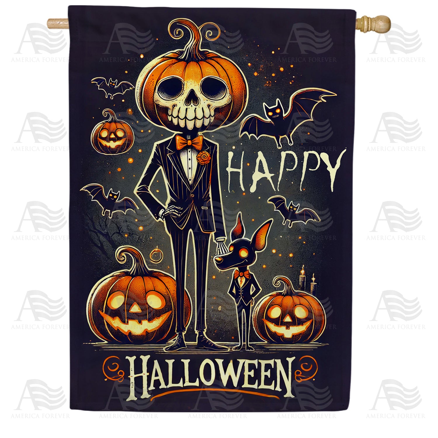 America Forever Happy Halloween Skeleton Double Sided House Flag