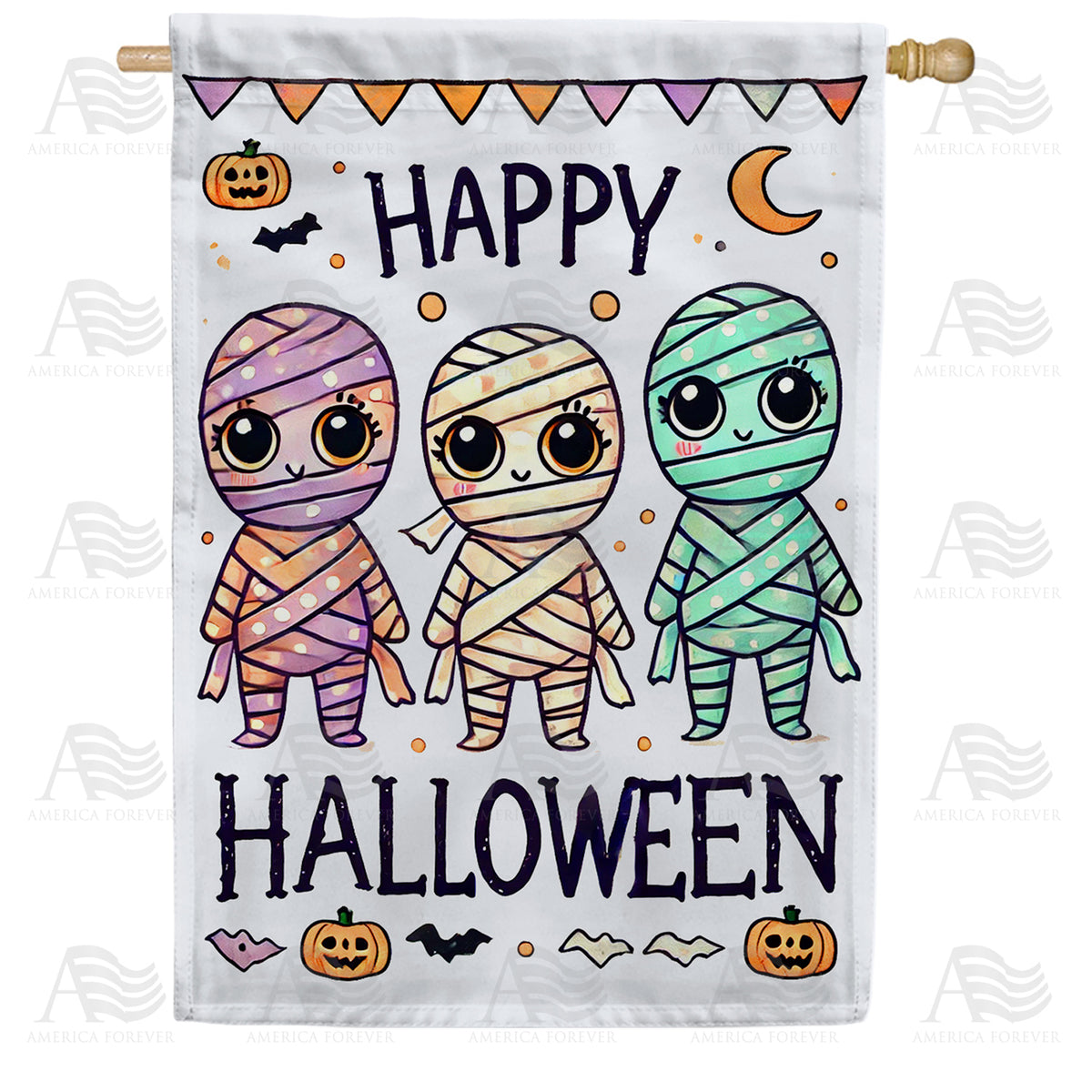 Cute Mummies Happy Halloween Double Sided House Flag