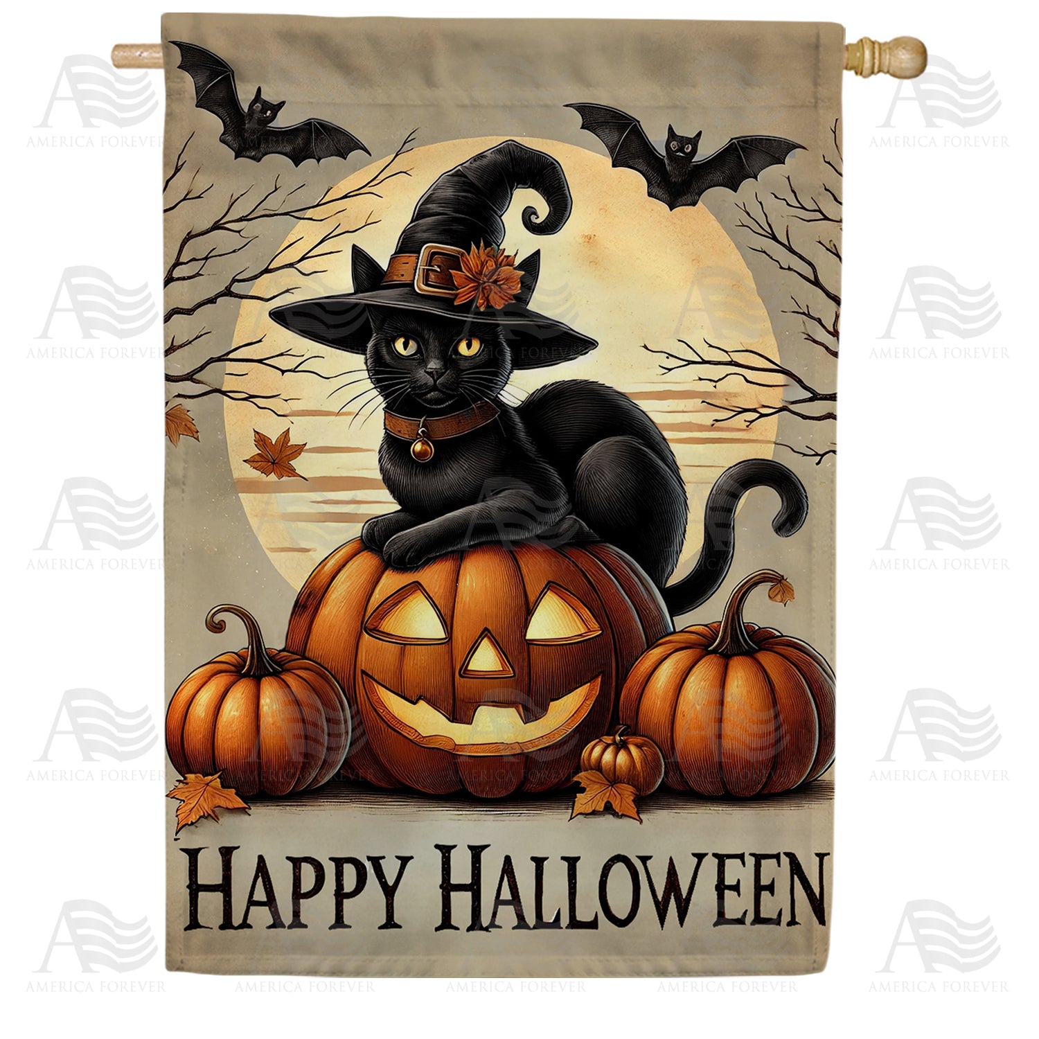 Happy Halloween Witch Cat Double Sided House Flag
