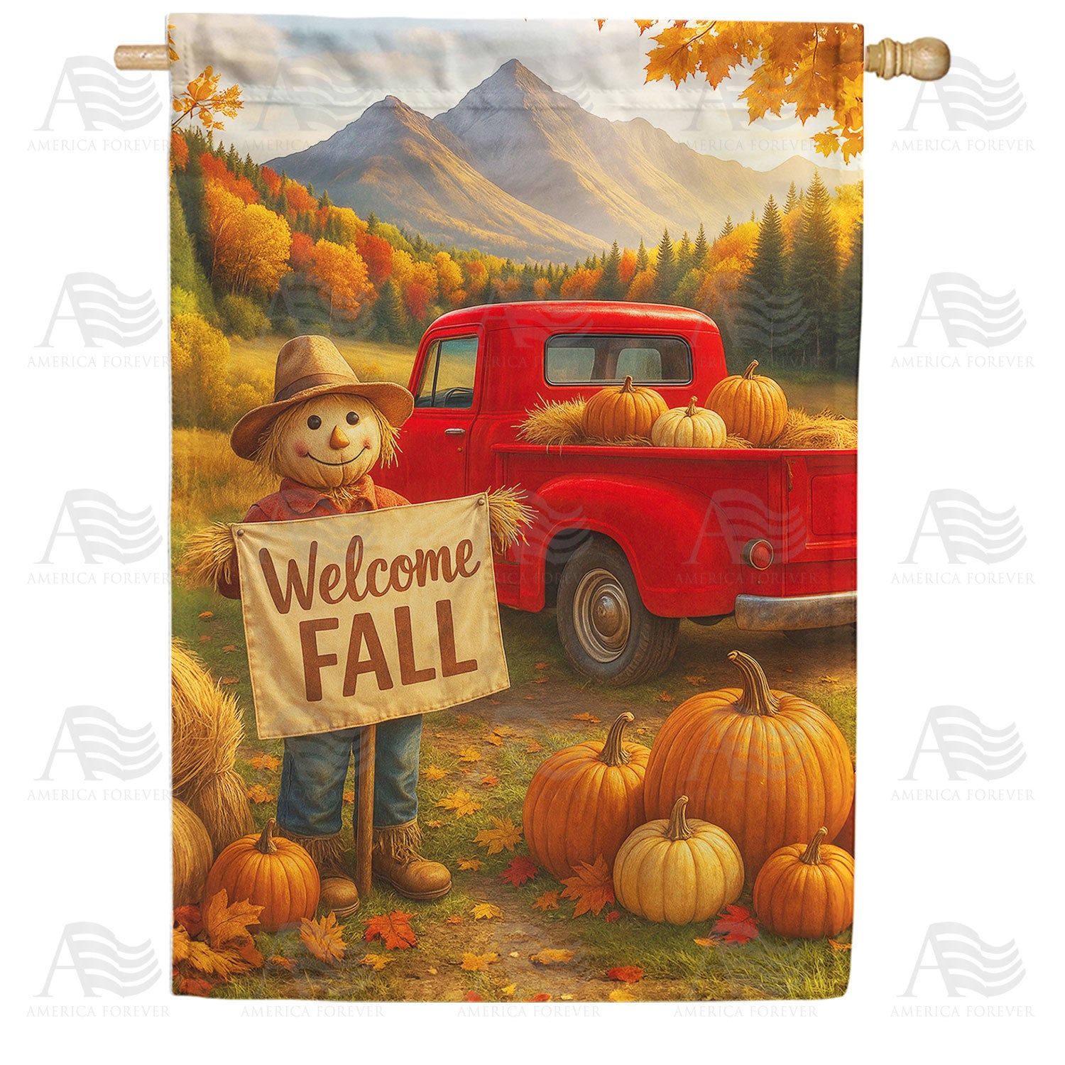 Welcome Fall Red Truck Scarecrow Double Sided House Flag