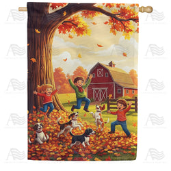 Children Playing in Fall Leaves with Dogs Double Sided House Flag