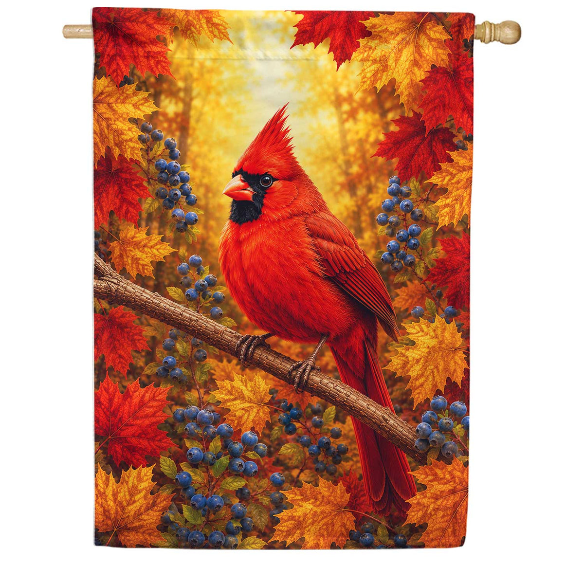 Red Cardinal Autumn Leaves and Berries House Flag
