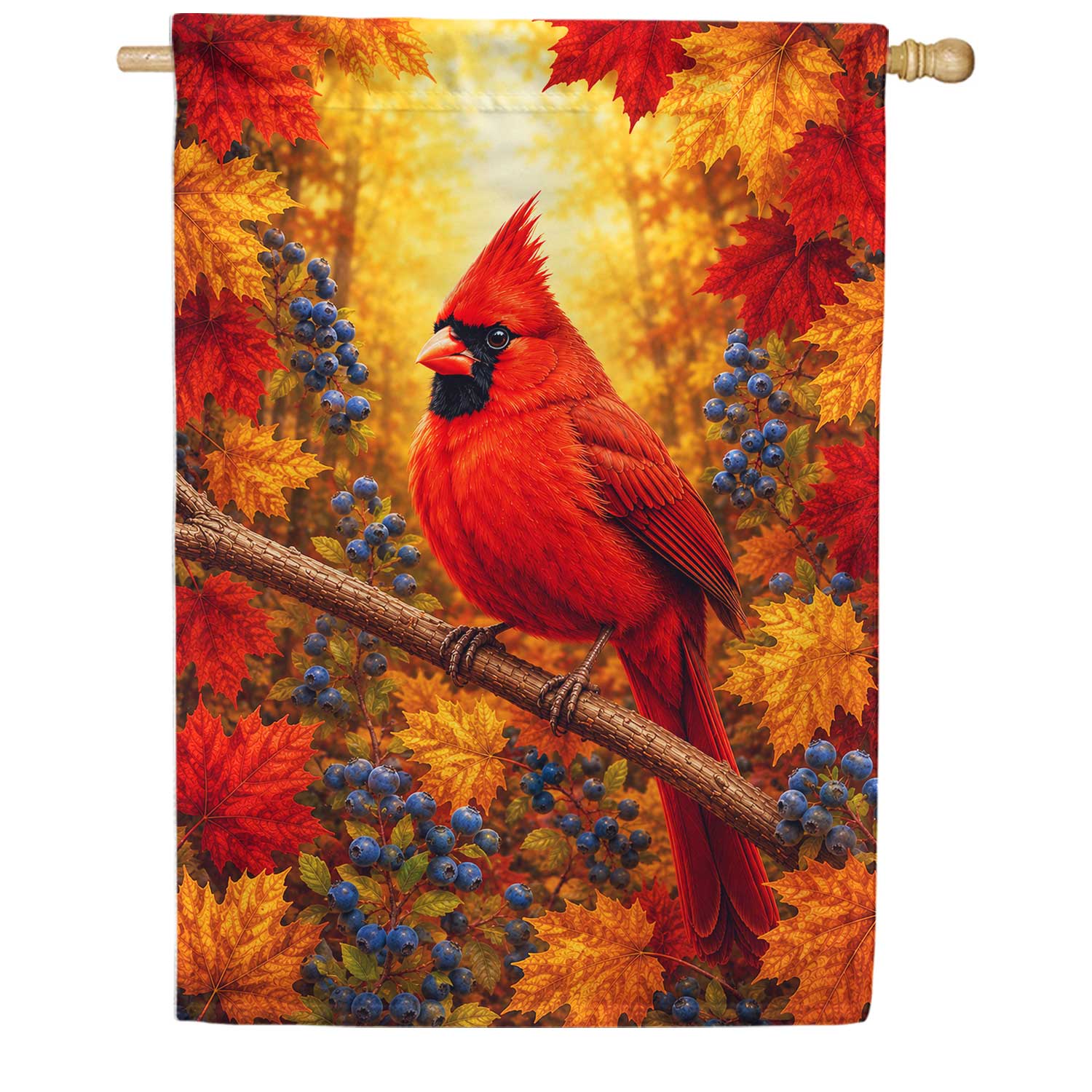 Red Cardinal Autumn Leaves and Berries House Flag