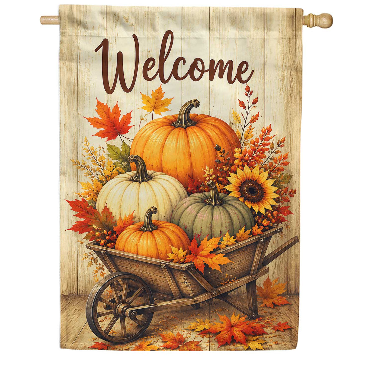 Welcome Pumpkin Wheelbarrow Fall Harvest House Flag