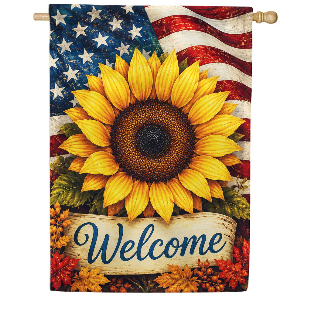Patriotic Sunflower Welcome with Fall Leaves Garden Flag