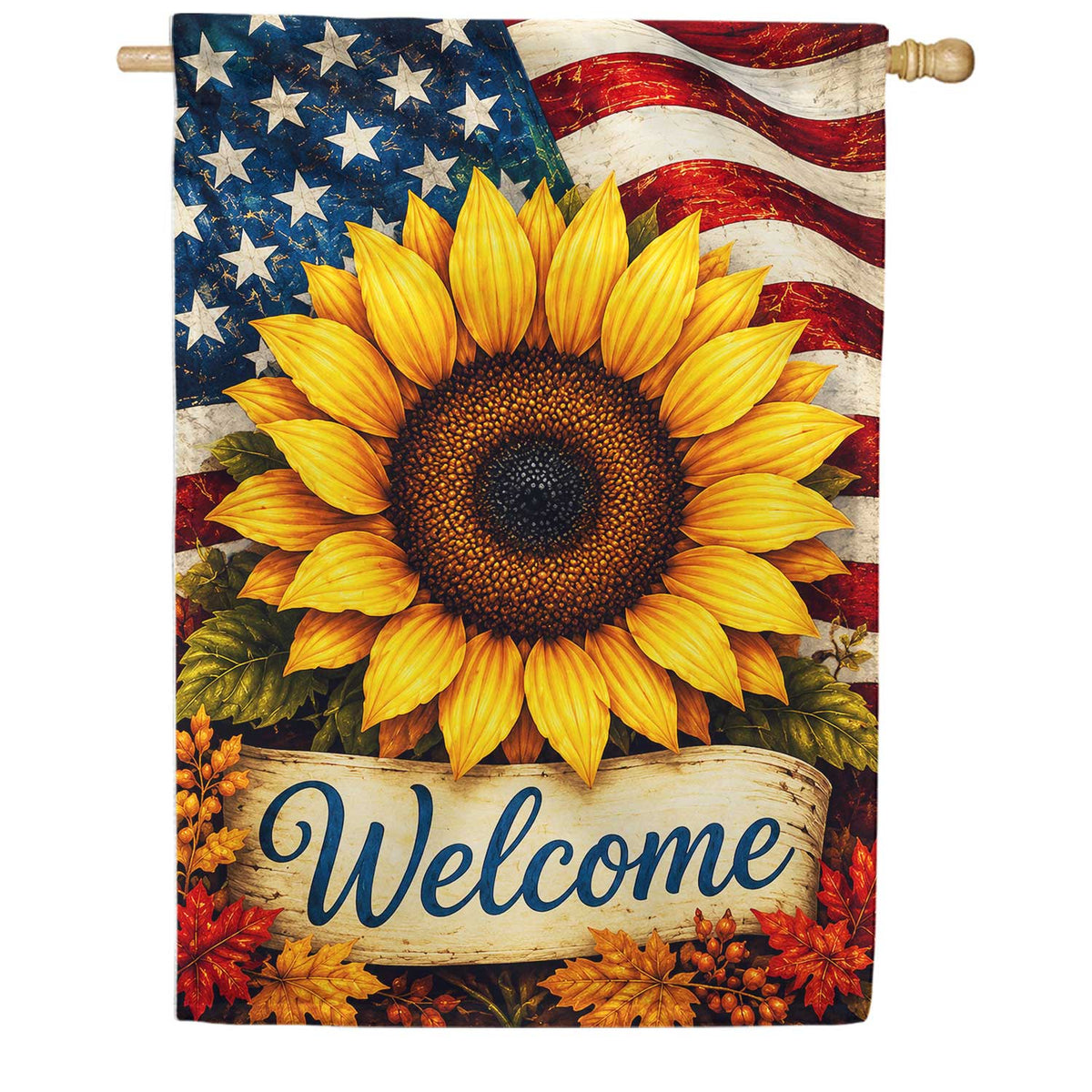 Patriotic Sunflower Welcome with Fall Leaves Garden Flag