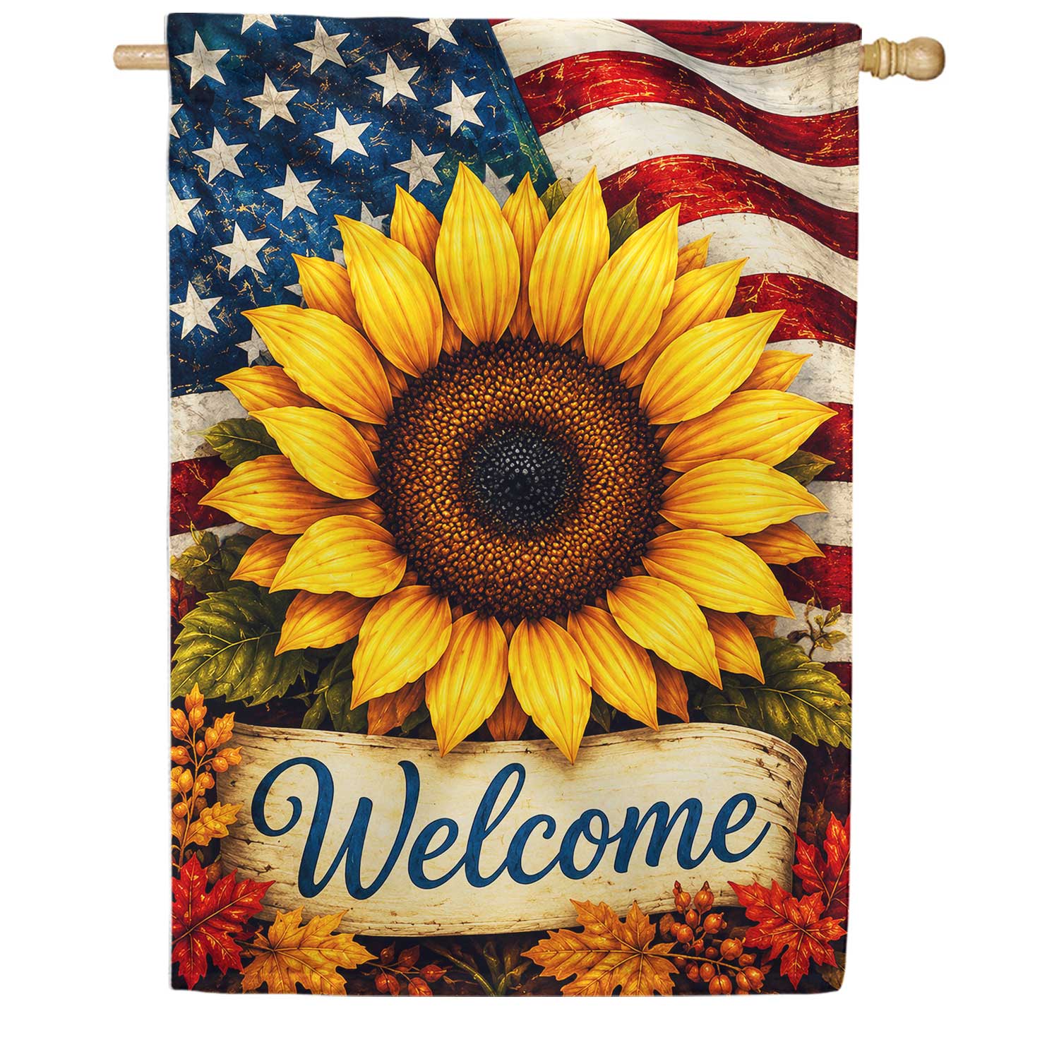 Patriotic Sunflower Welcome with Fall Leaves Garden Flag