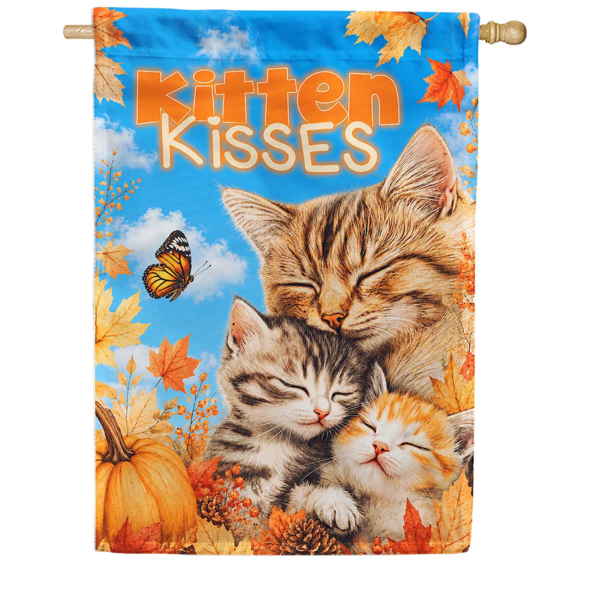 Kitten Kisses Fall Cats Autumn Leaves House Flag